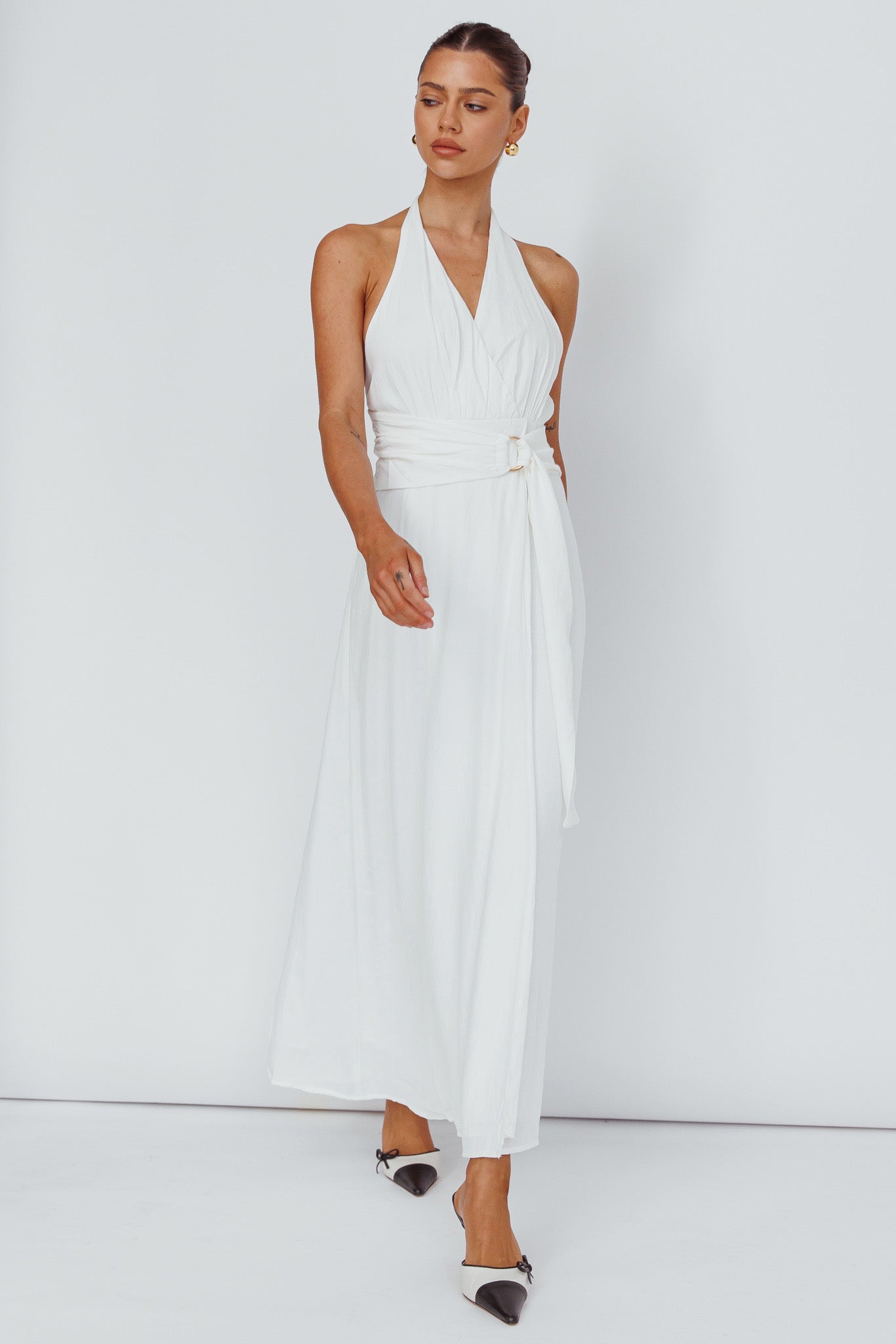 Spring Feels Halterneck Belt Maxi Dress White-Maymioy
