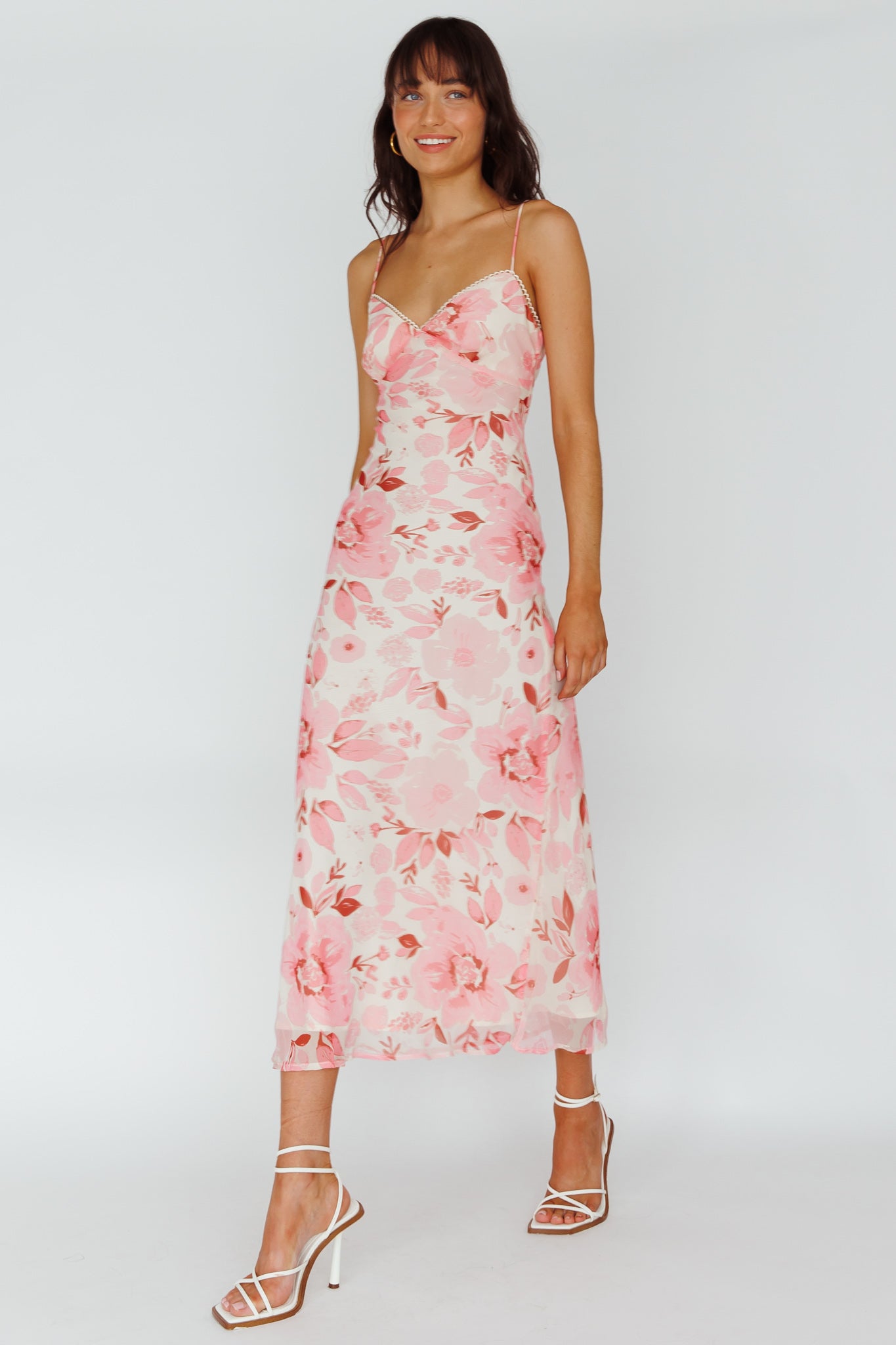 Egypt Cami Strap Midi Dress Floral Pink-Maymioy