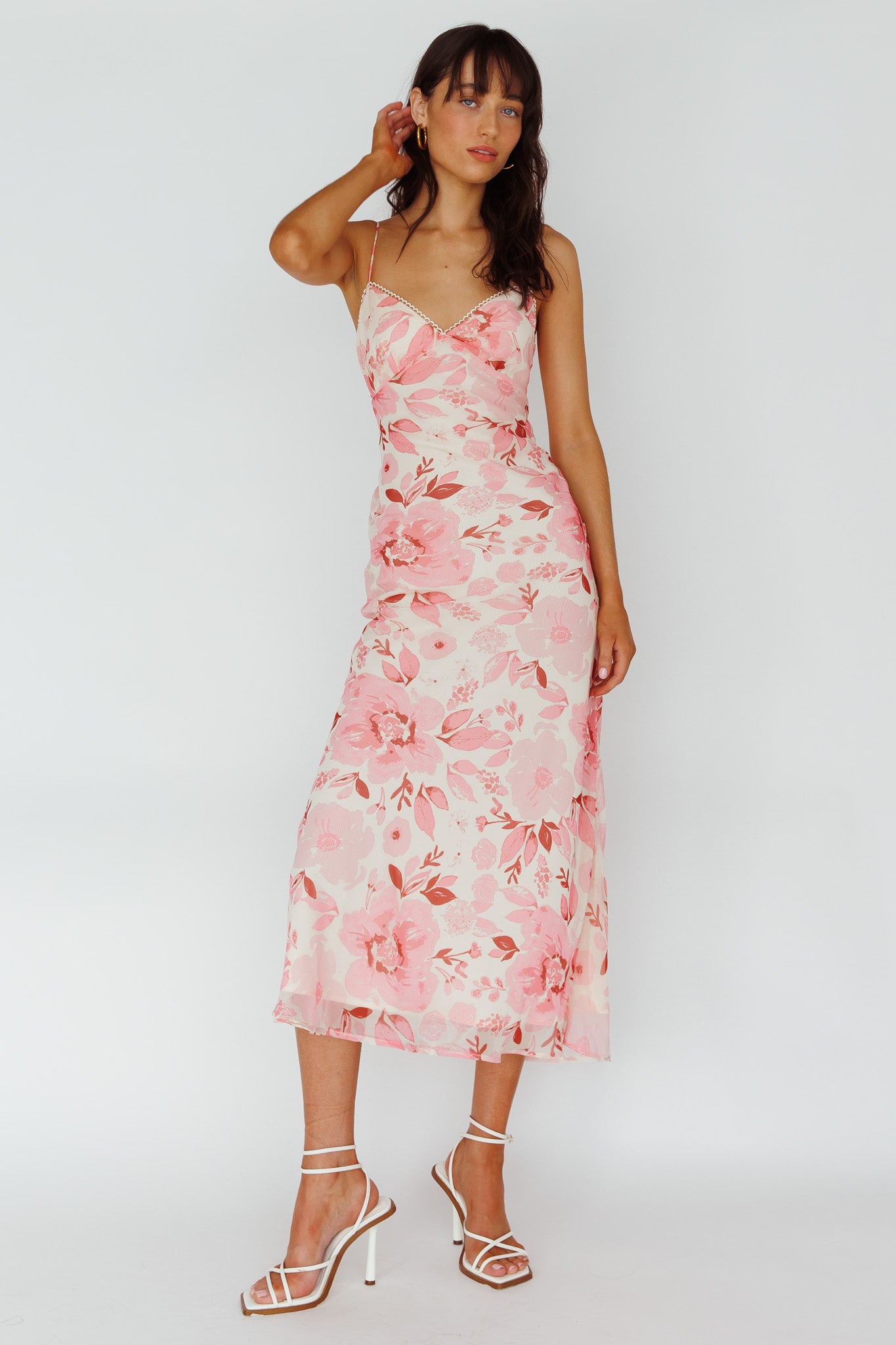 Egypt Cami Strap Midi Dress Floral Pink-Maymioy