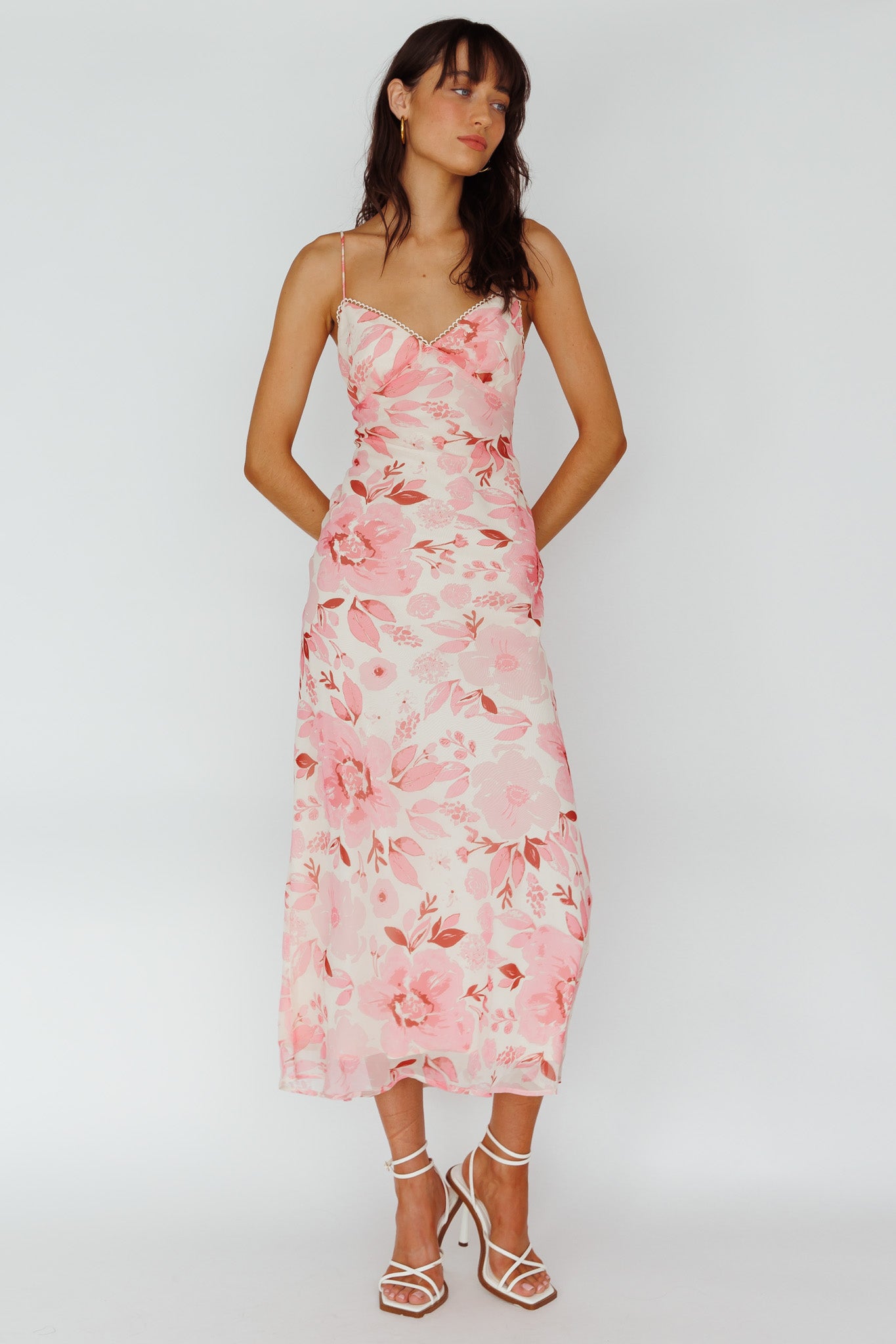 Egypt Cami Strap Midi Dress Floral Pink-Maymioy