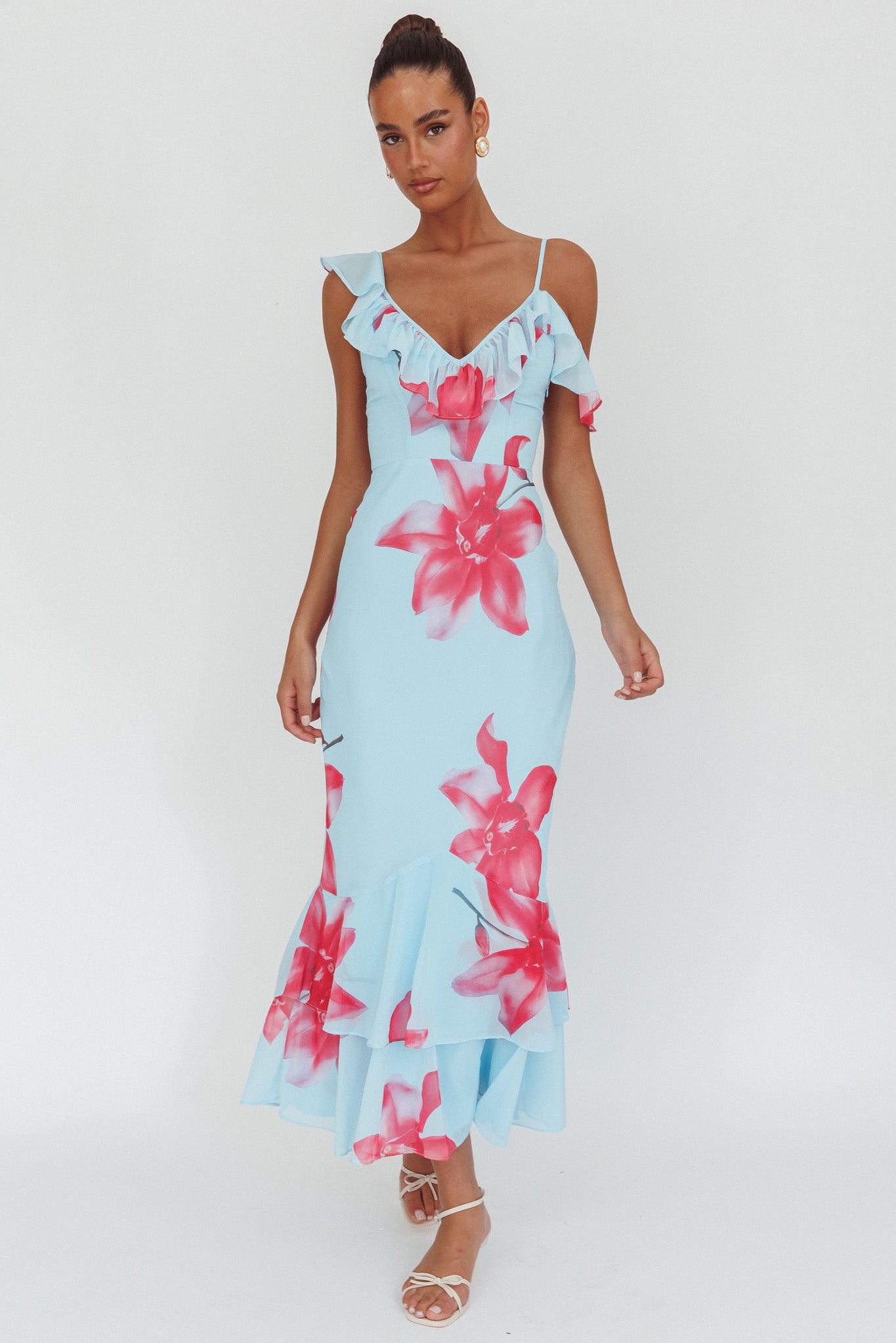 Sun Lover Ruffle Trim Maxi Dress Lily Blue-Maymioy