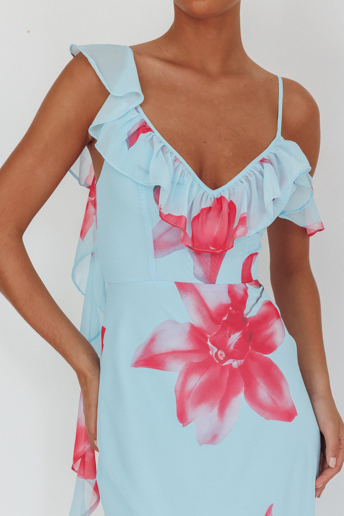 Sun Lover Ruffle Trim Maxi Dress Lily Blue-Maymioy