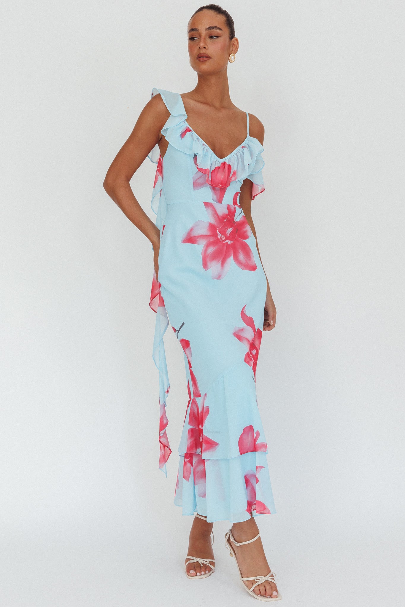 Sun Lover Ruffle Trim Maxi Dress Lily Blue-Maymioy
