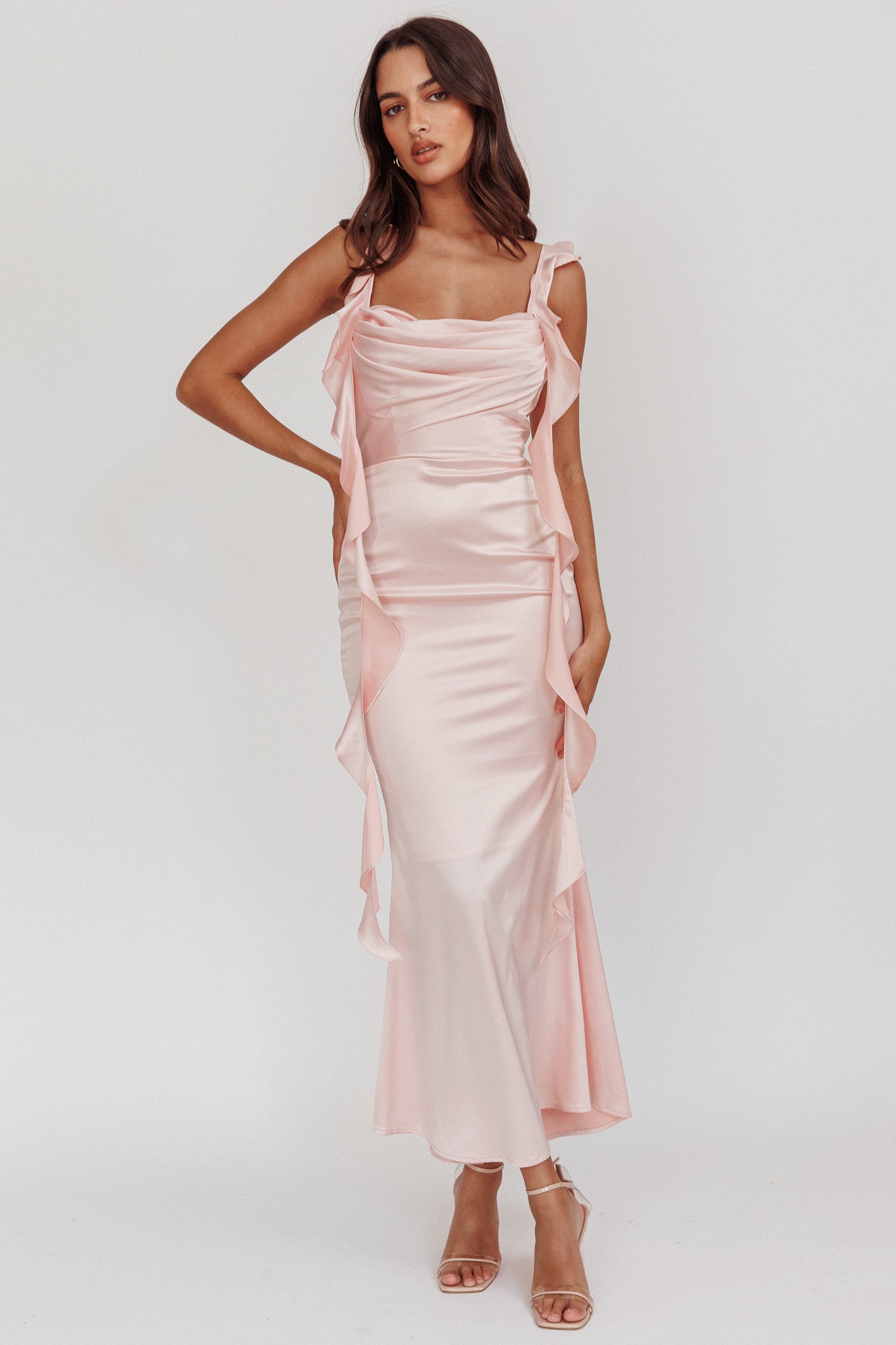 Blushing Ruffle Trim Midi Dress Baby Pink-Maymioy