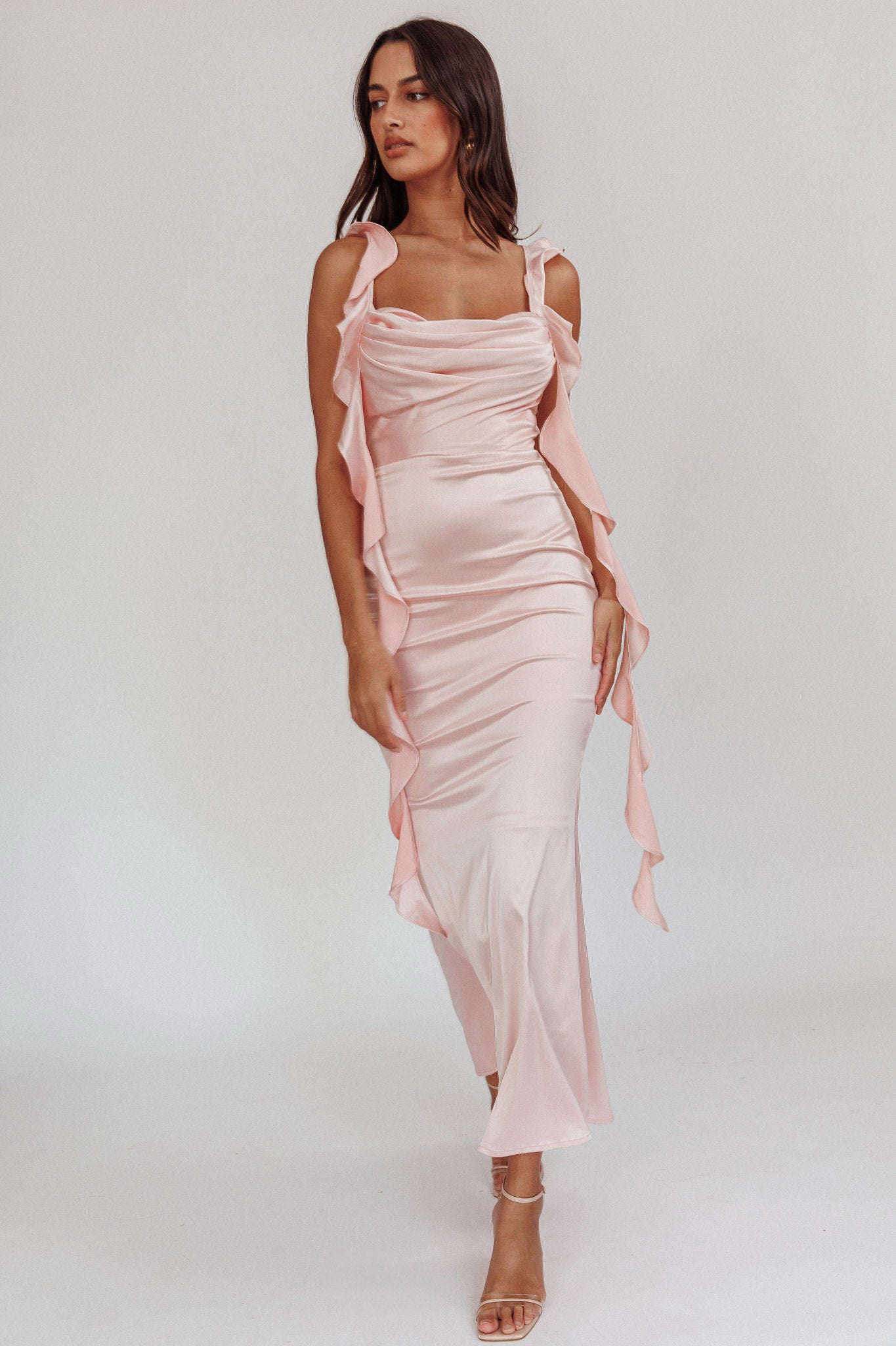 Blushing Ruffle Trim Midi Dress Baby Pink-Maymioy