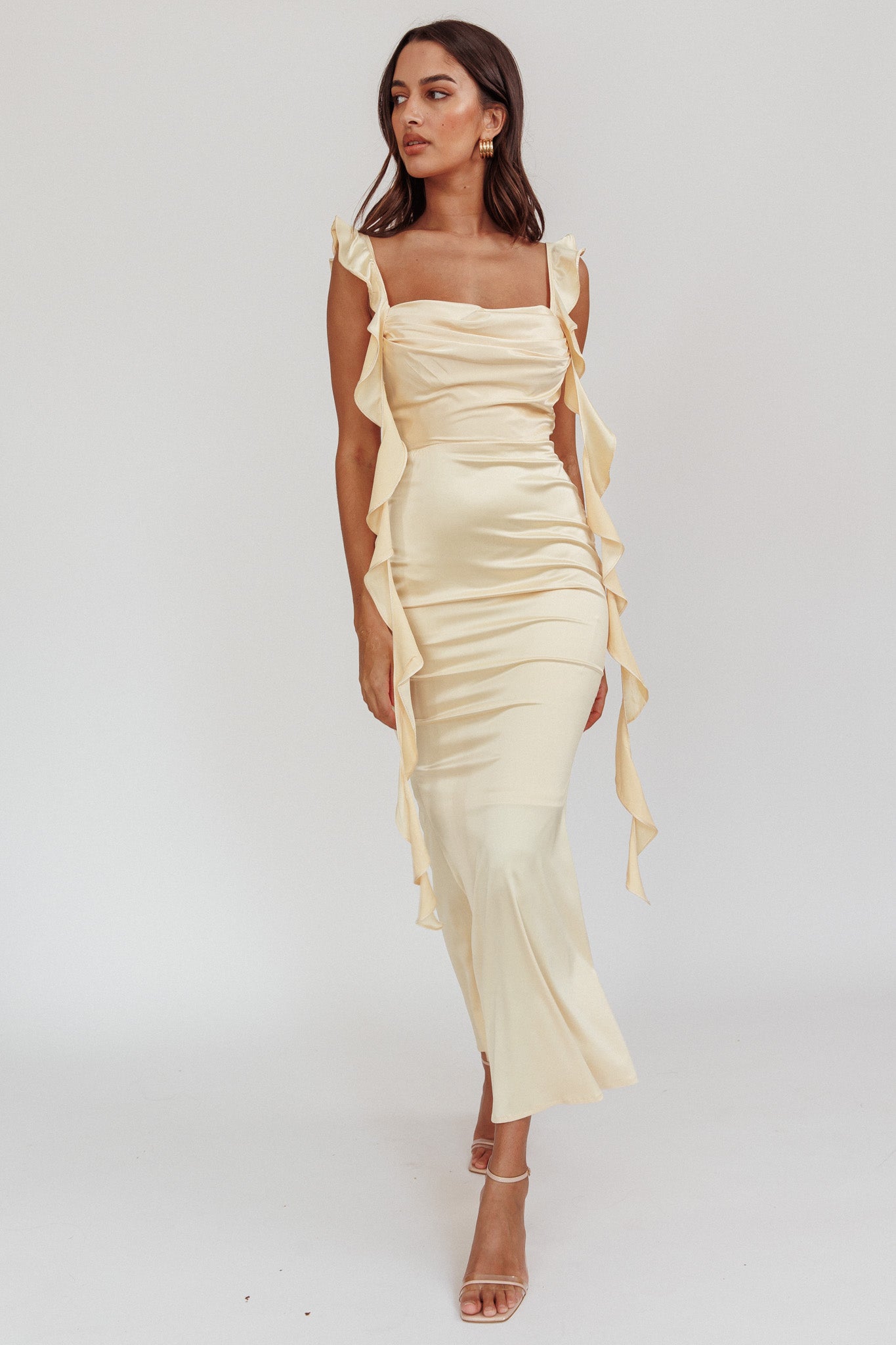 Blushing Ruffle Trim Midi Dress Butter-Maymioy