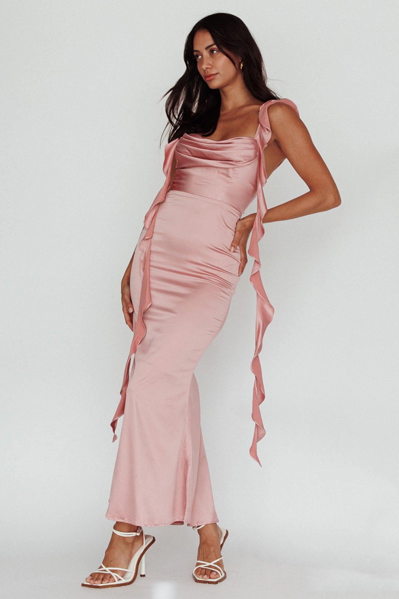Blushing Ruffle Trim Midi Dress Mauve-Maymioy