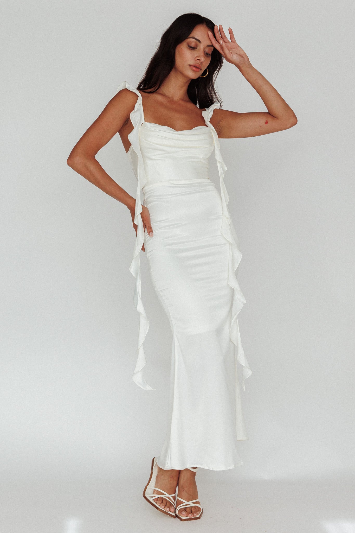 Blushing Ruffle Trim Midi Dress Oyster-Maymioy