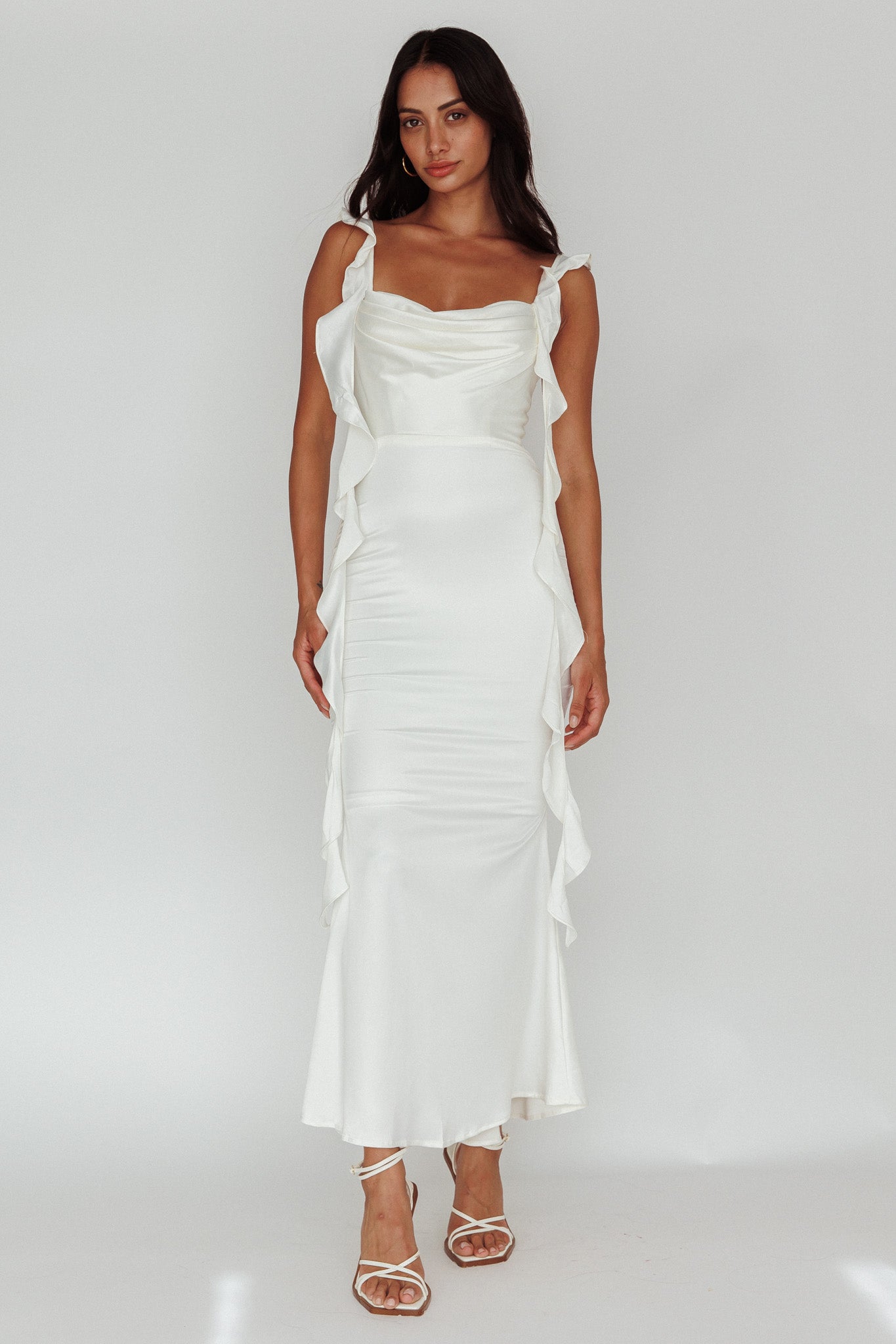 Blushing Ruffle Trim Midi Dress Oyster-Maymioy