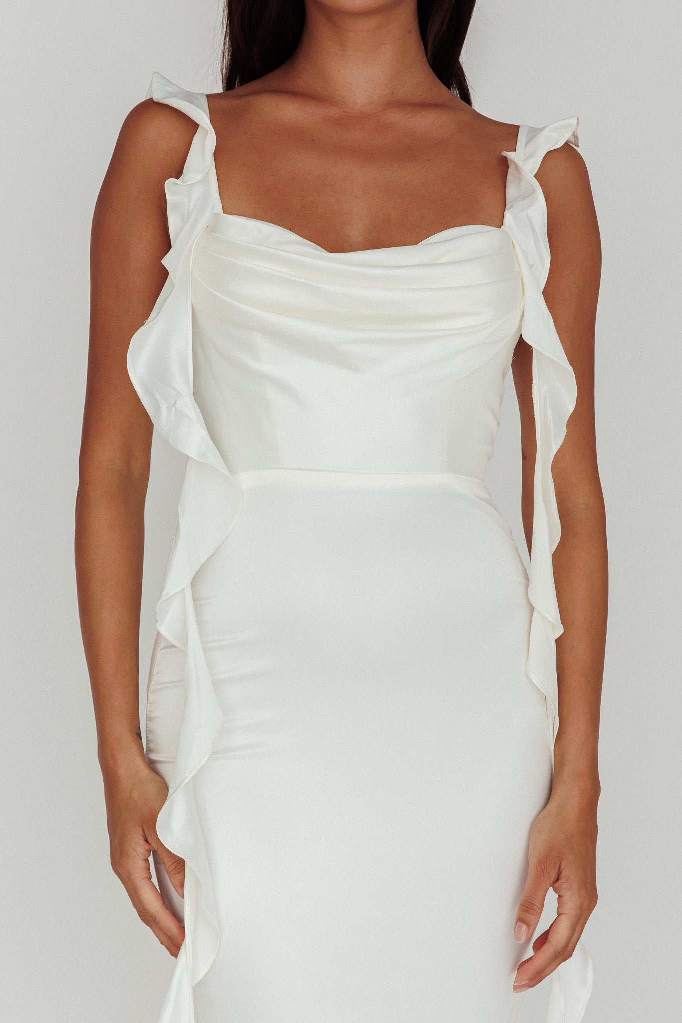 Blushing Ruffle Trim Midi Dress Oyster-Maymioy