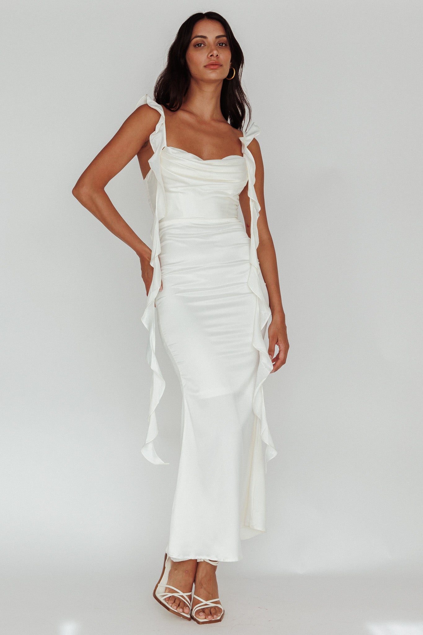 Blushing Ruffle Trim Midi Dress Oyster-Maymioy