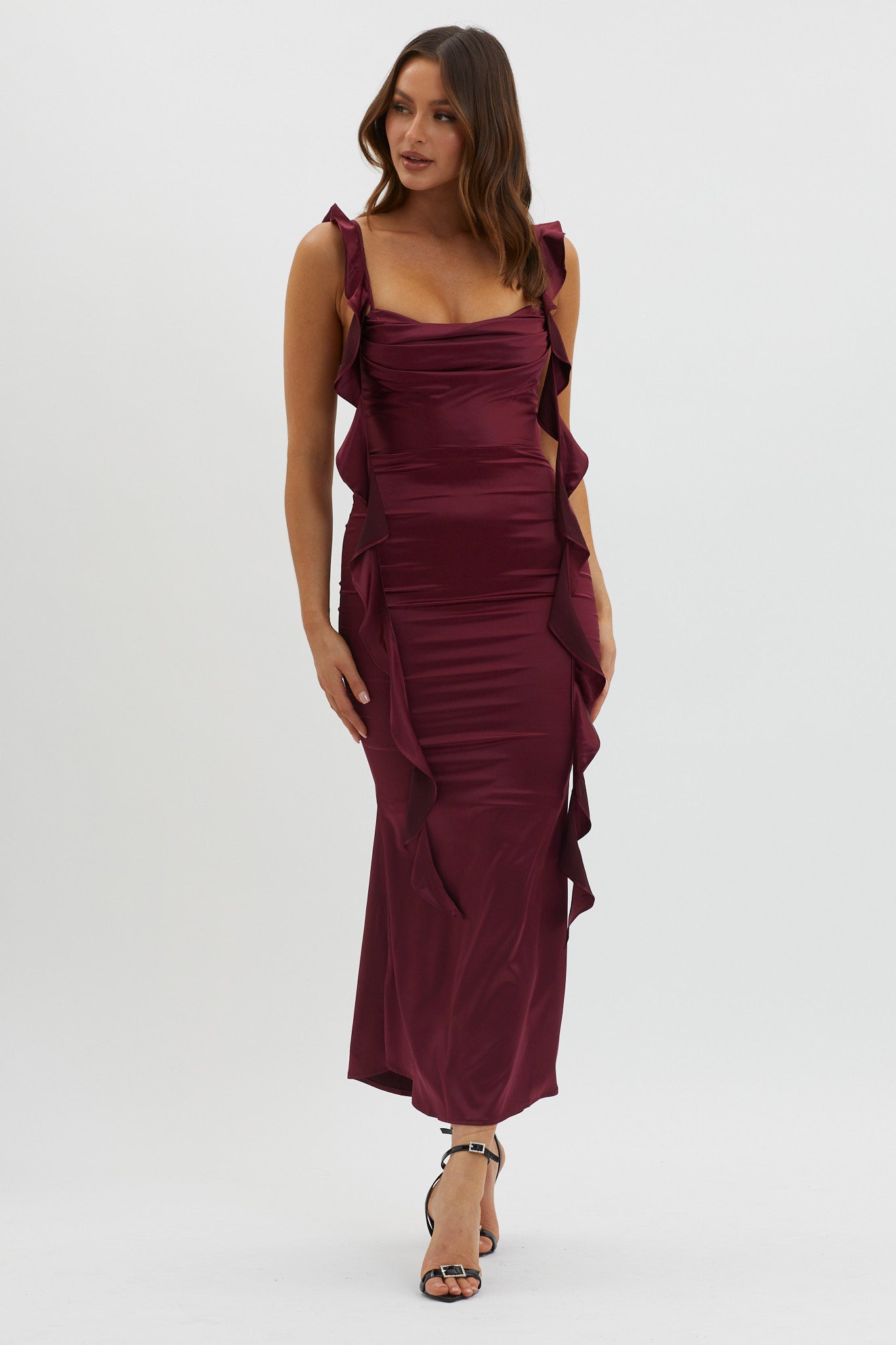 Blushing Ruffle Trim Midi Dress Wine-Maymioy