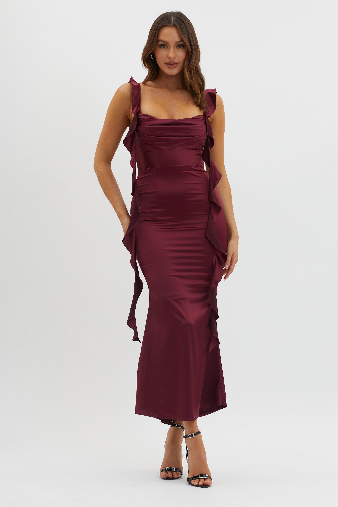 Blushing Ruffle Trim Midi Dress Wine-Maymioy