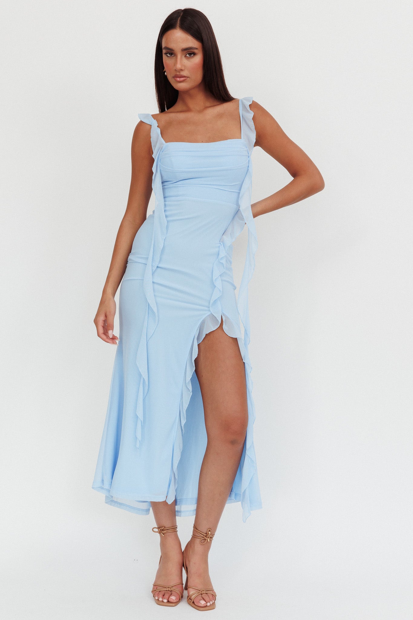 Blushing Ruffle Trim Maxi Dress Blue-Maymioy