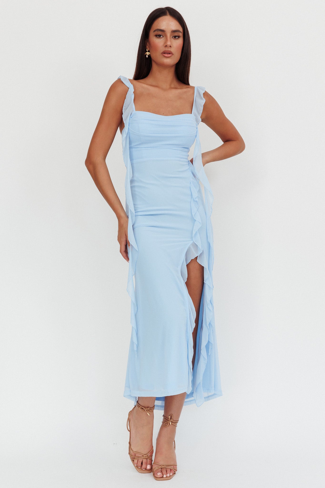 Blushing Ruffle Trim Maxi Dress Blue-Maymioy