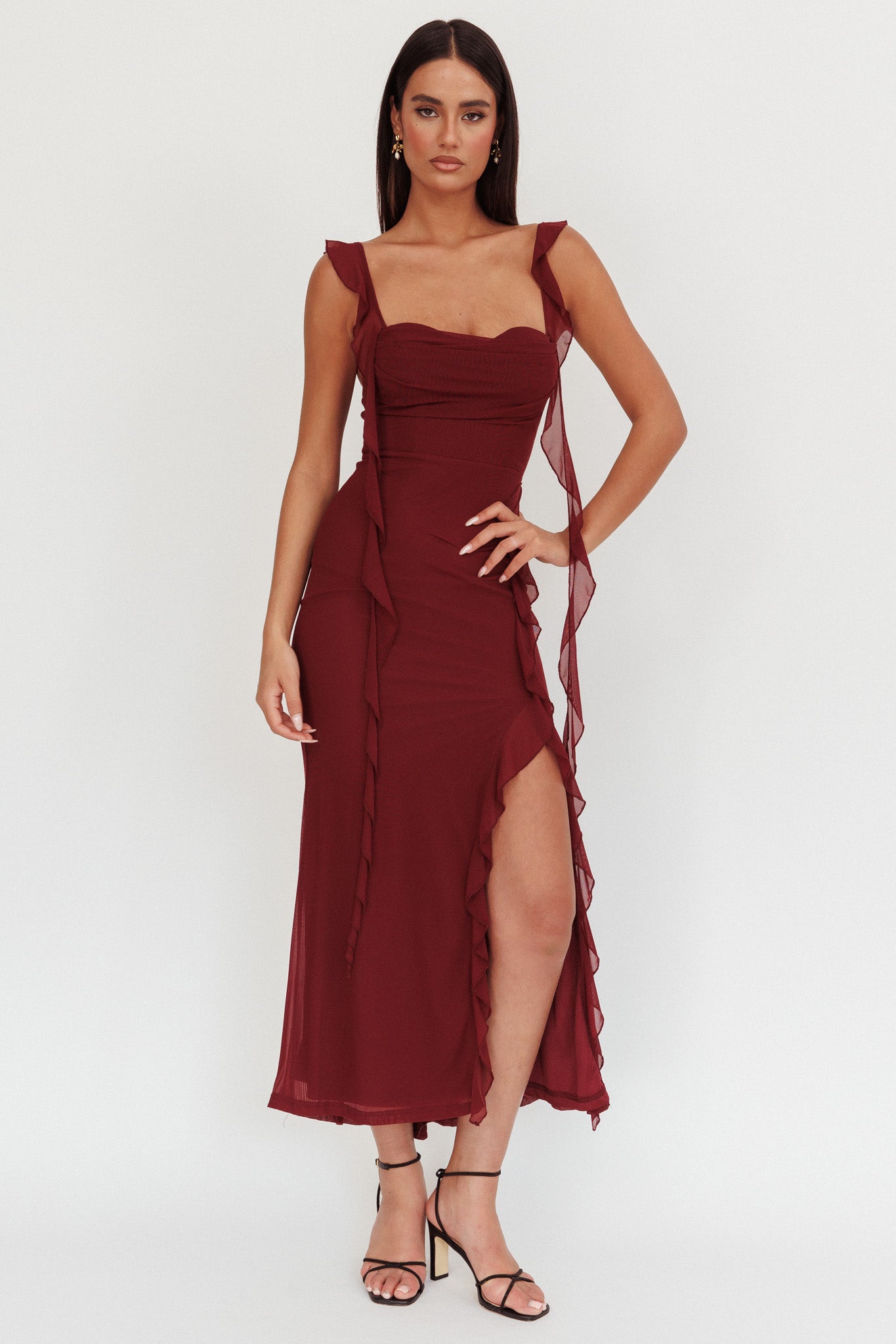 Blushing Ruffle Trim Maxi Dress Wine-Maymioy