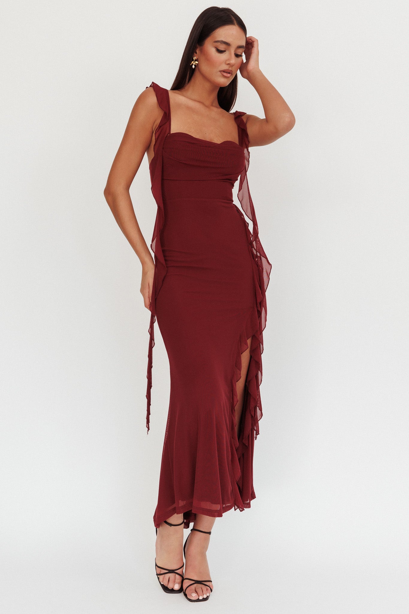 Blushing Ruffle Trim Maxi Dress Wine-Maymioy