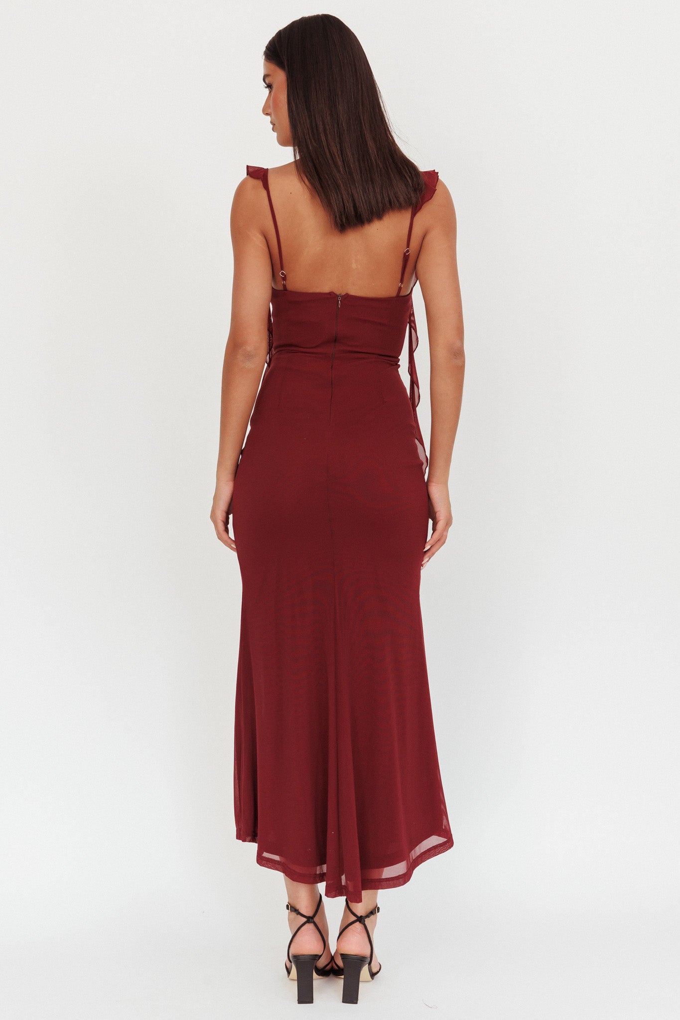 Blushing Ruffle Trim Maxi Dress Wine-Maymioy