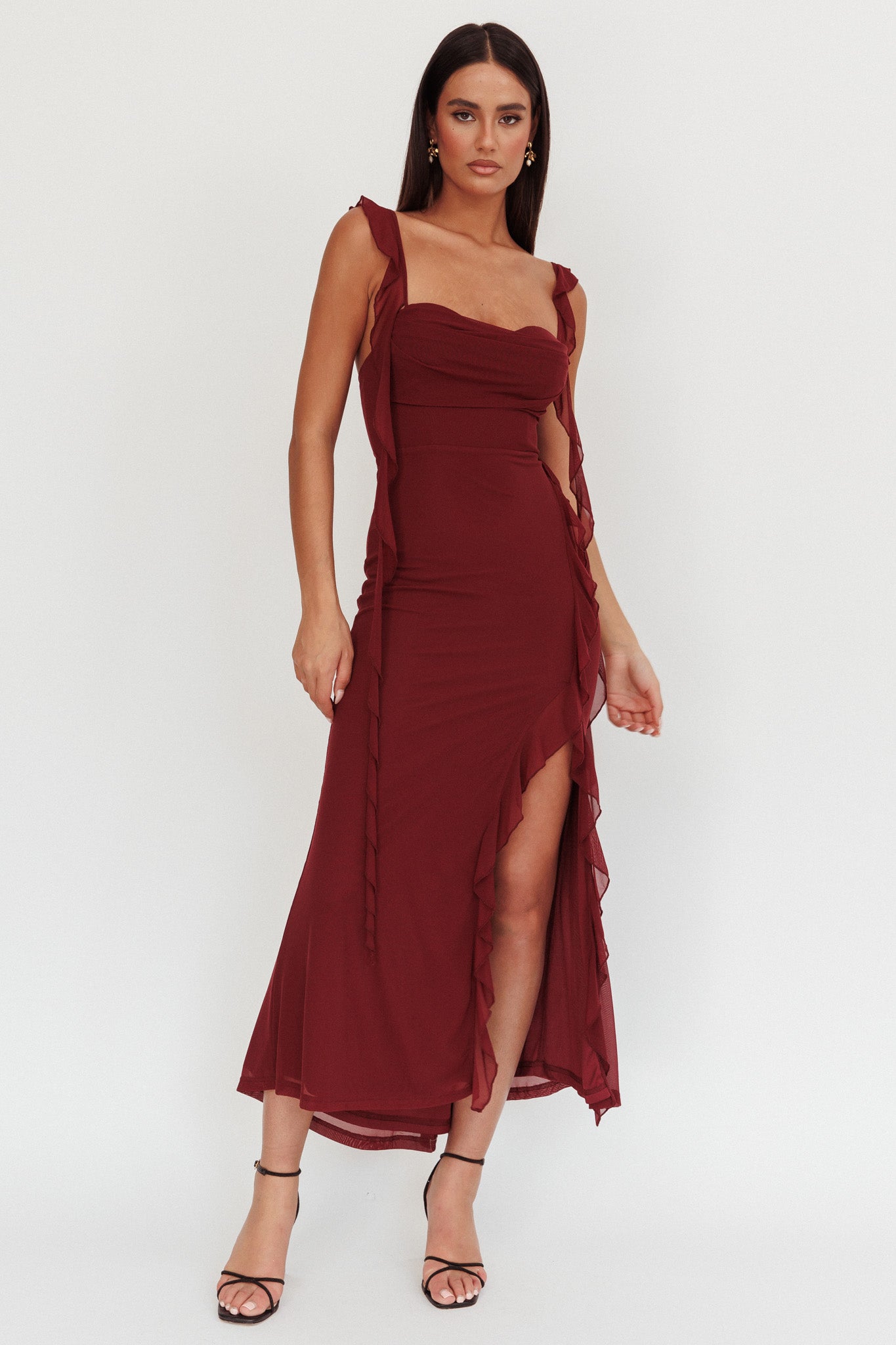 Blushing Ruffle Trim Maxi Dress Wine-Maymioy