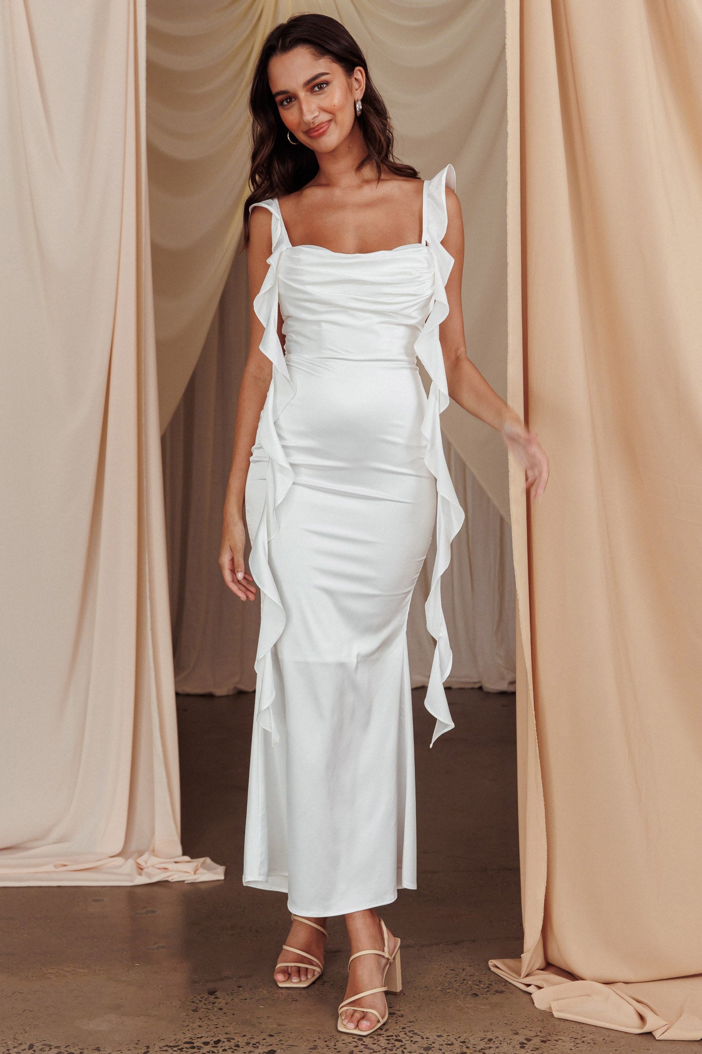 Blushing Ruffle Trim Midi Dress Oyster-Maymioy