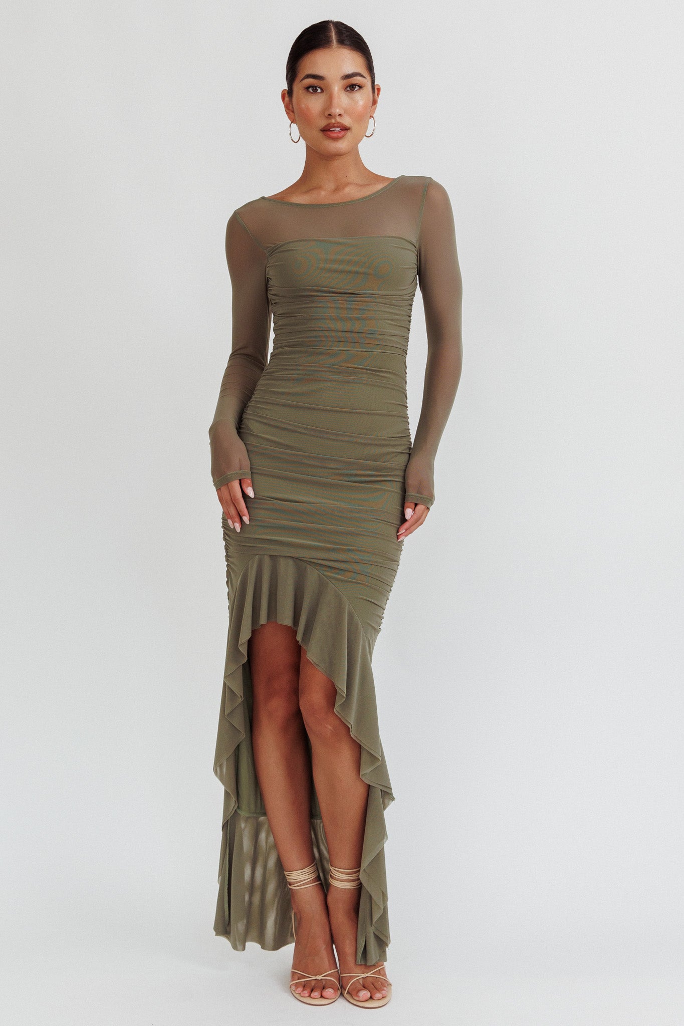 Jozelle Long Sleeve Ruched Maxi Dress Olive-Maymioy