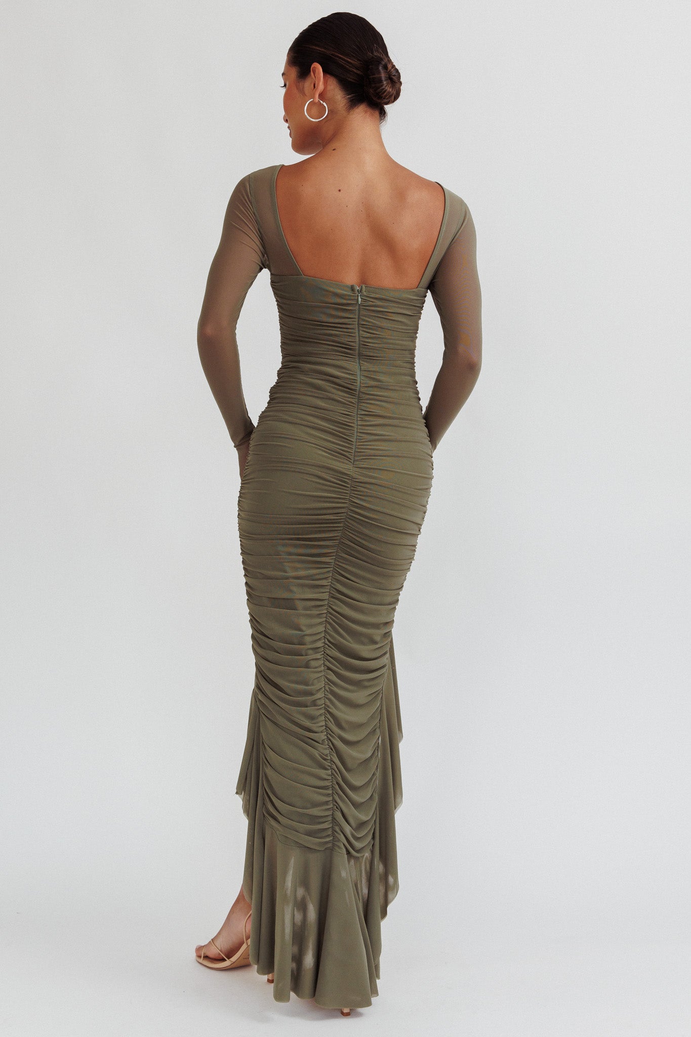 Jozelle Long Sleeve Ruched Maxi Dress Olive-Maymioy