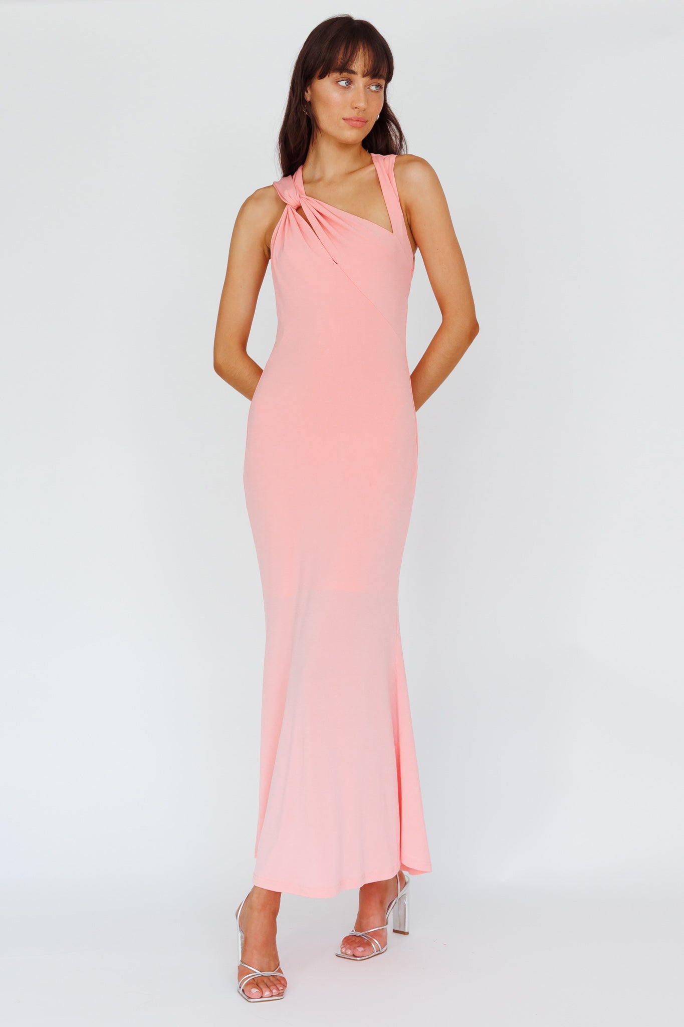 Karyl Shoulder Sash Midi Dress Apricot-Maymioy