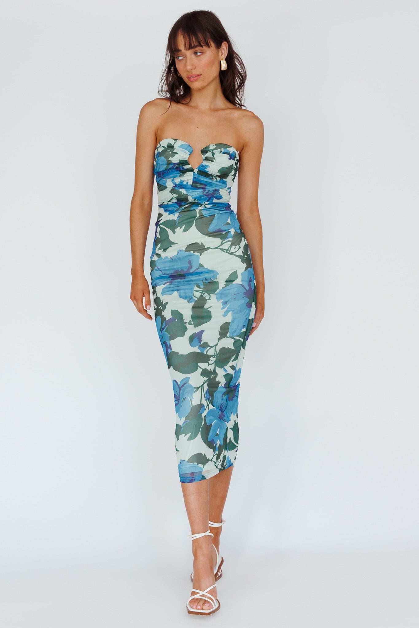 Lahita Strapless Midi Dress Floral Blue-Maymioy
