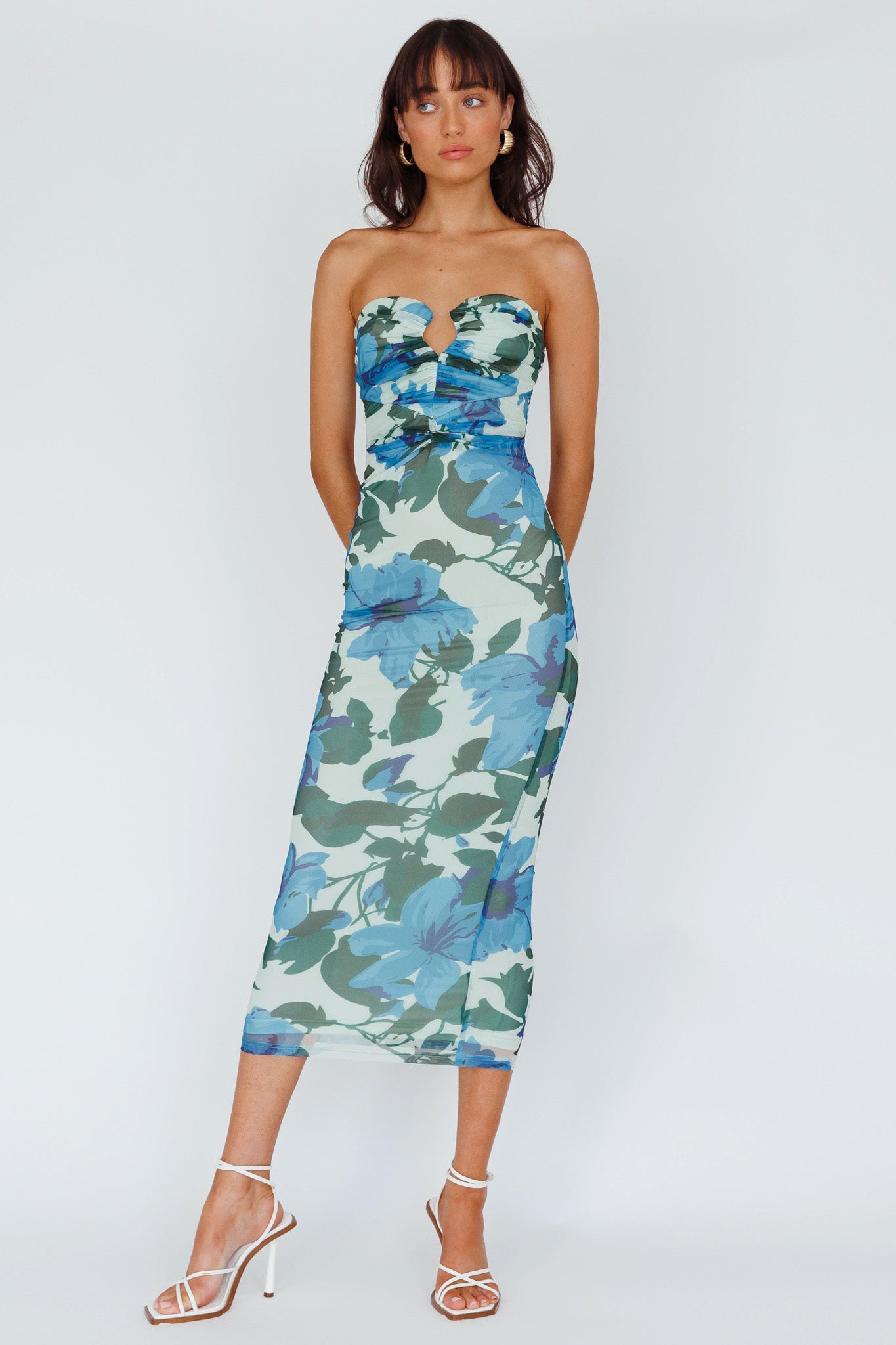 Lahita Strapless Midi Dress Floral Blue-Maymioy