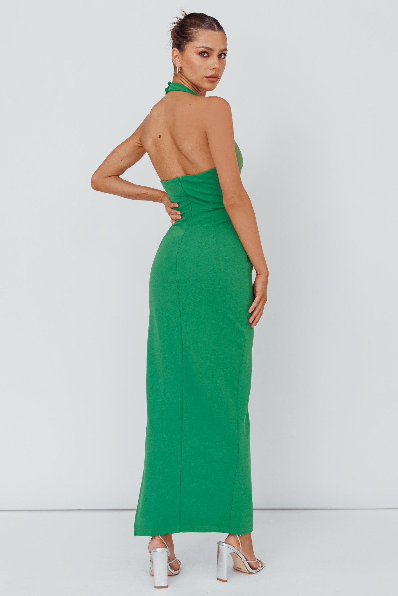 Leading Role Diamante Strap Halter Dress Green-Maymioy