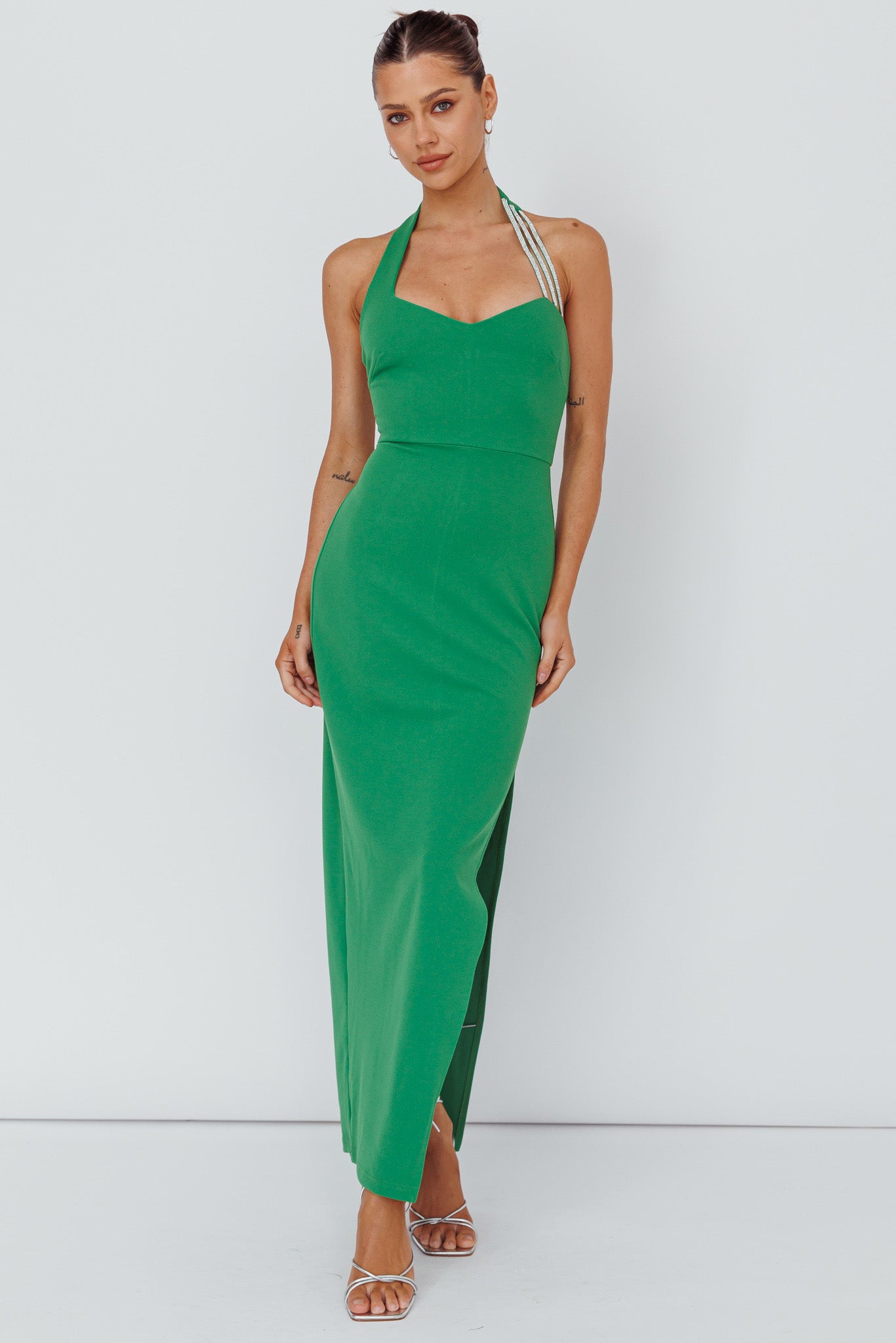 Leading Role Diamante Strap Halter Dress Green-Maymioy