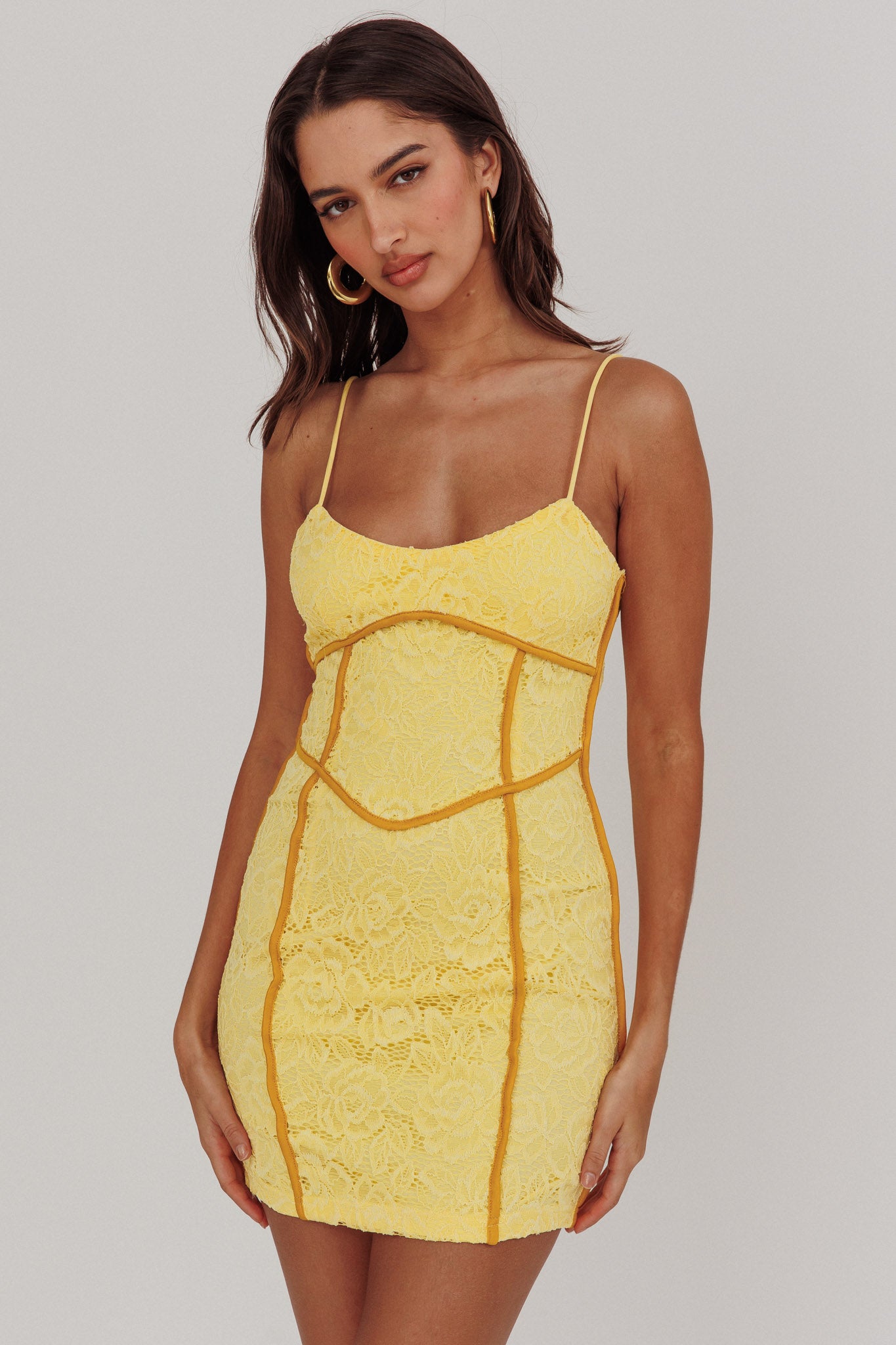 Shenae Piping Trim Mini Dress Lace Yellow-Maymioy