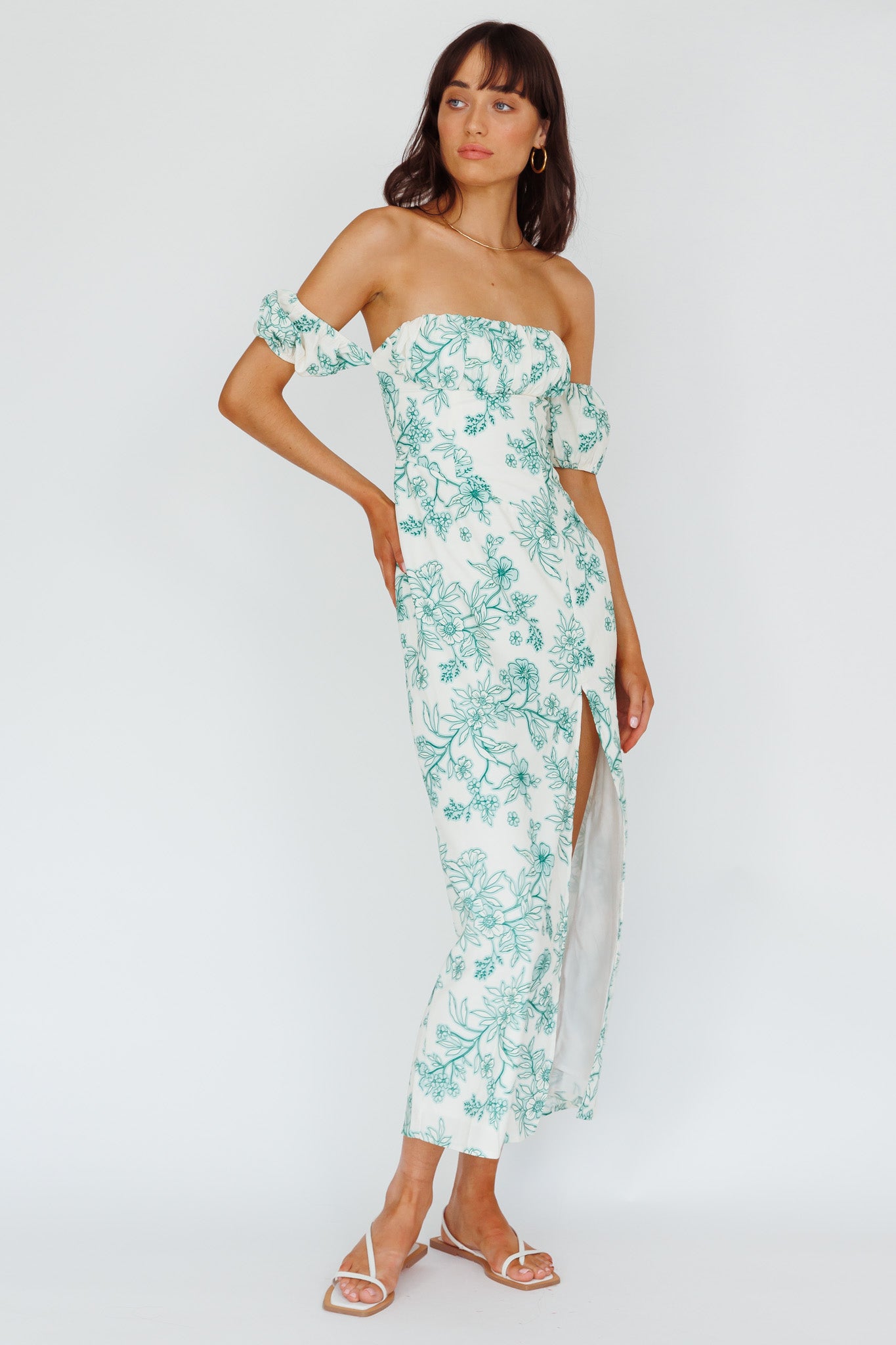 Olivier Off-Shoulder Midi Dress Floral Green-Maymioy