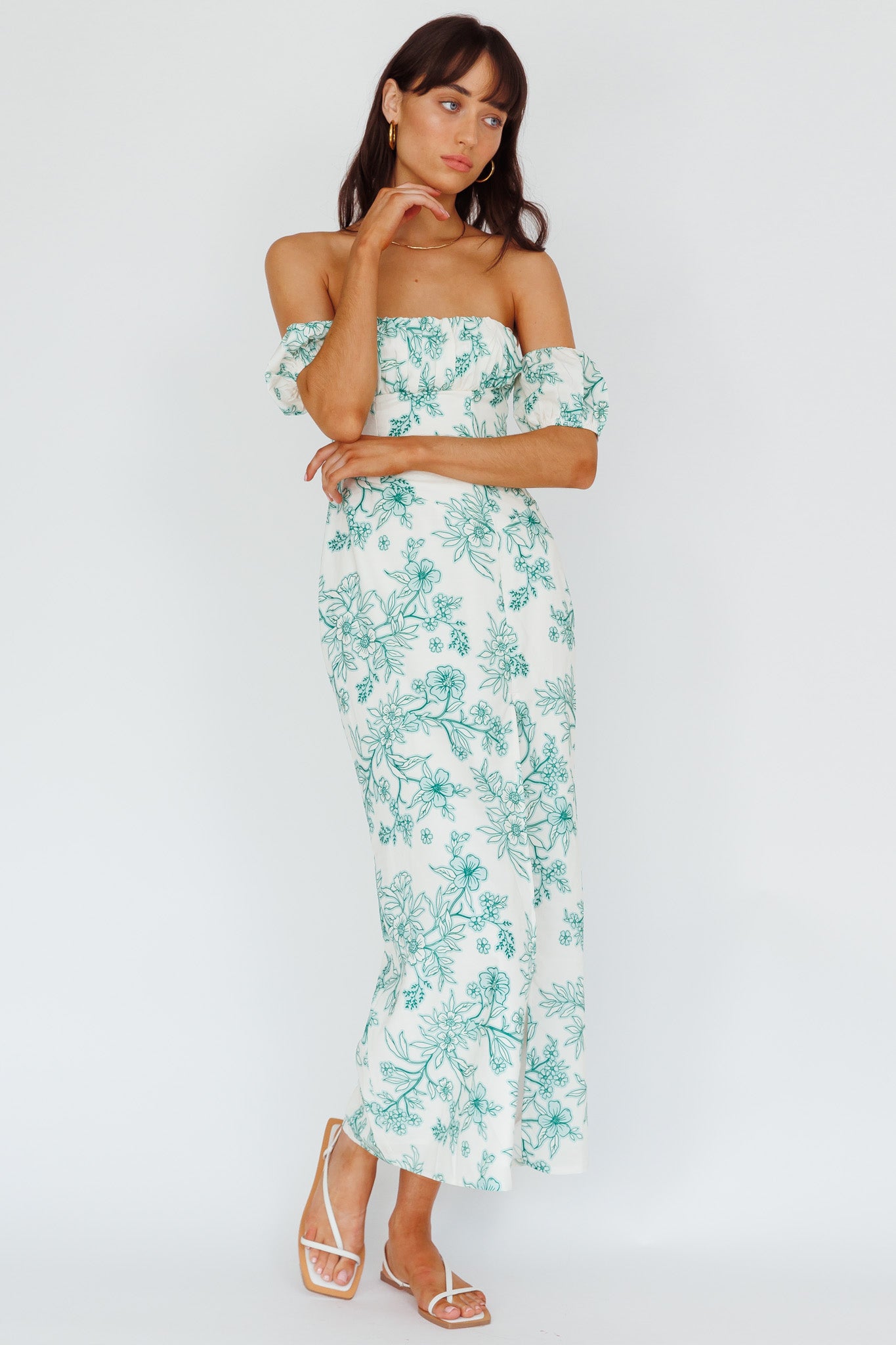 Olivier Off-Shoulder Midi Dress Floral Green-Maymioy