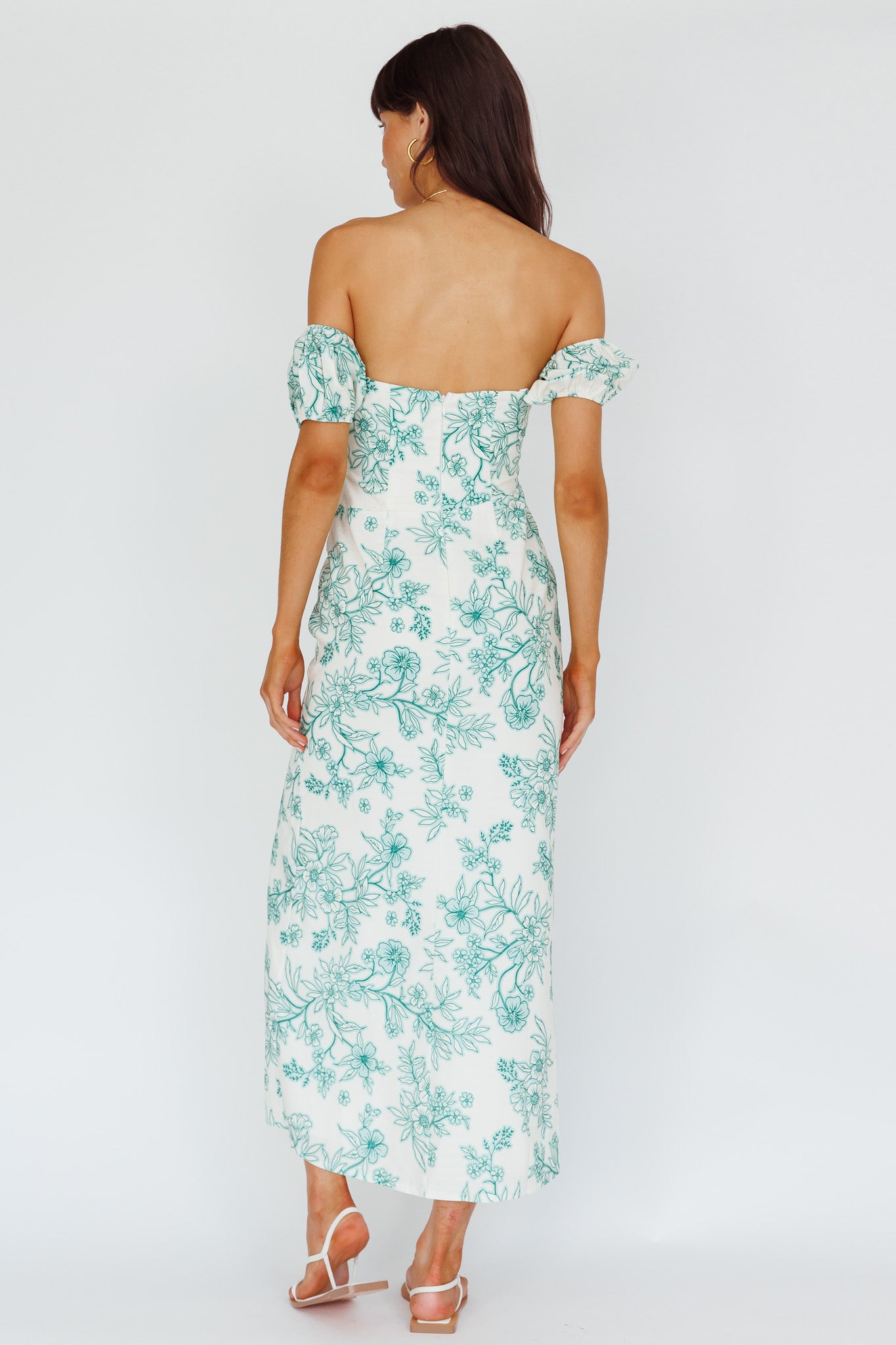 Olivier Off-Shoulder Midi Dress Floral Green-Maymioy