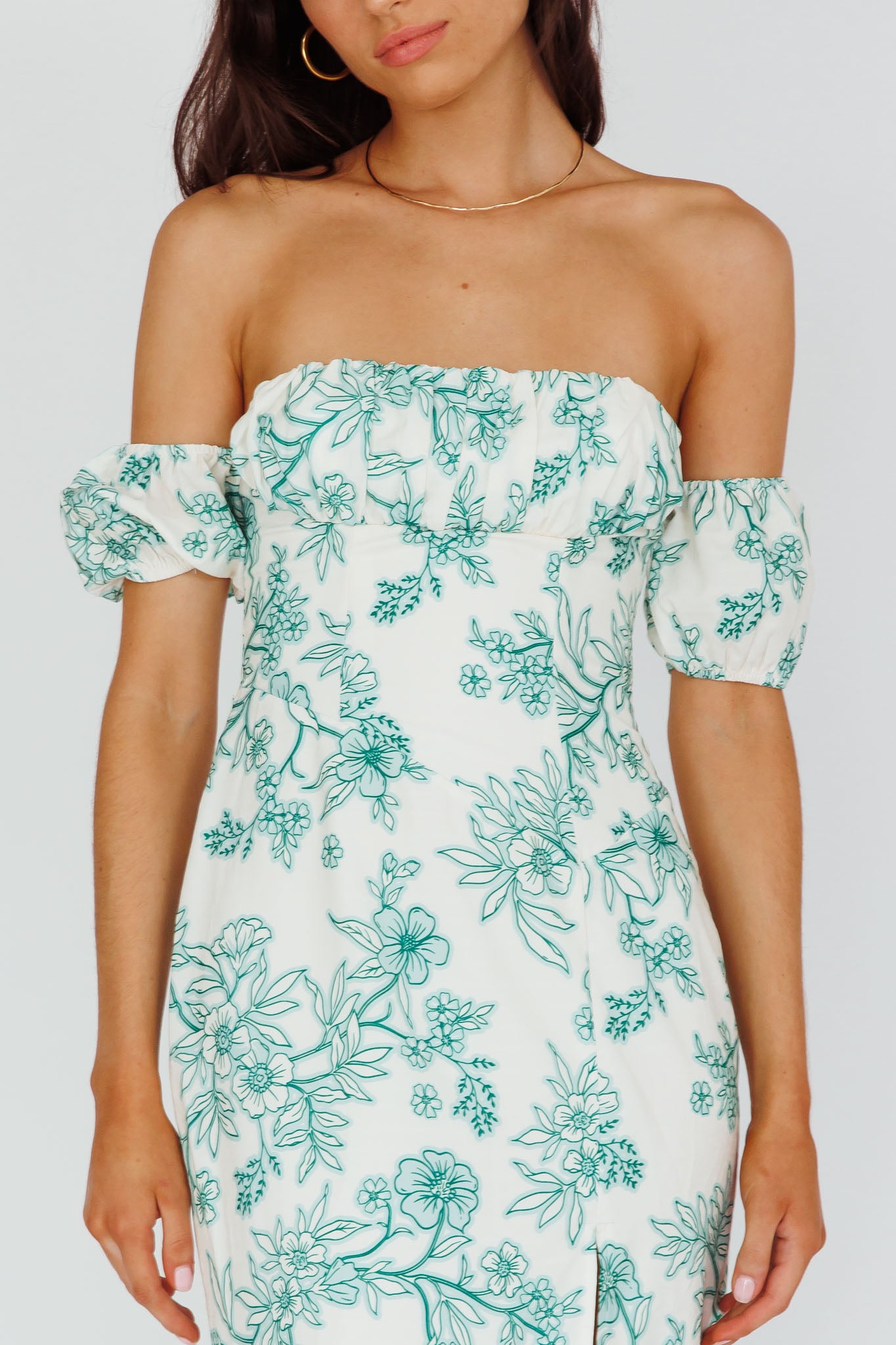 Olivier Off-Shoulder Midi Dress Floral Green-Maymioy