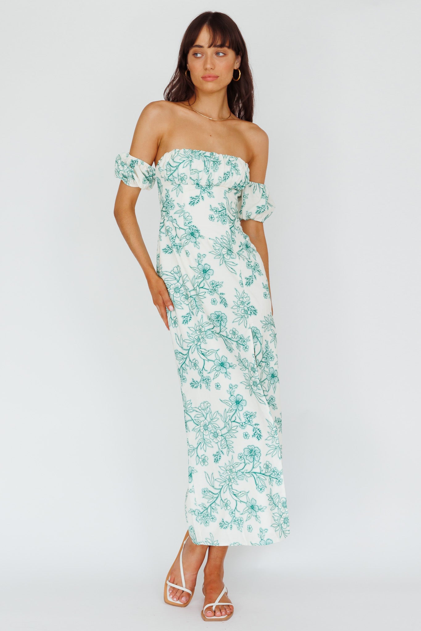 Olivier Off-Shoulder Midi Dress Floral Green-Maymioy
