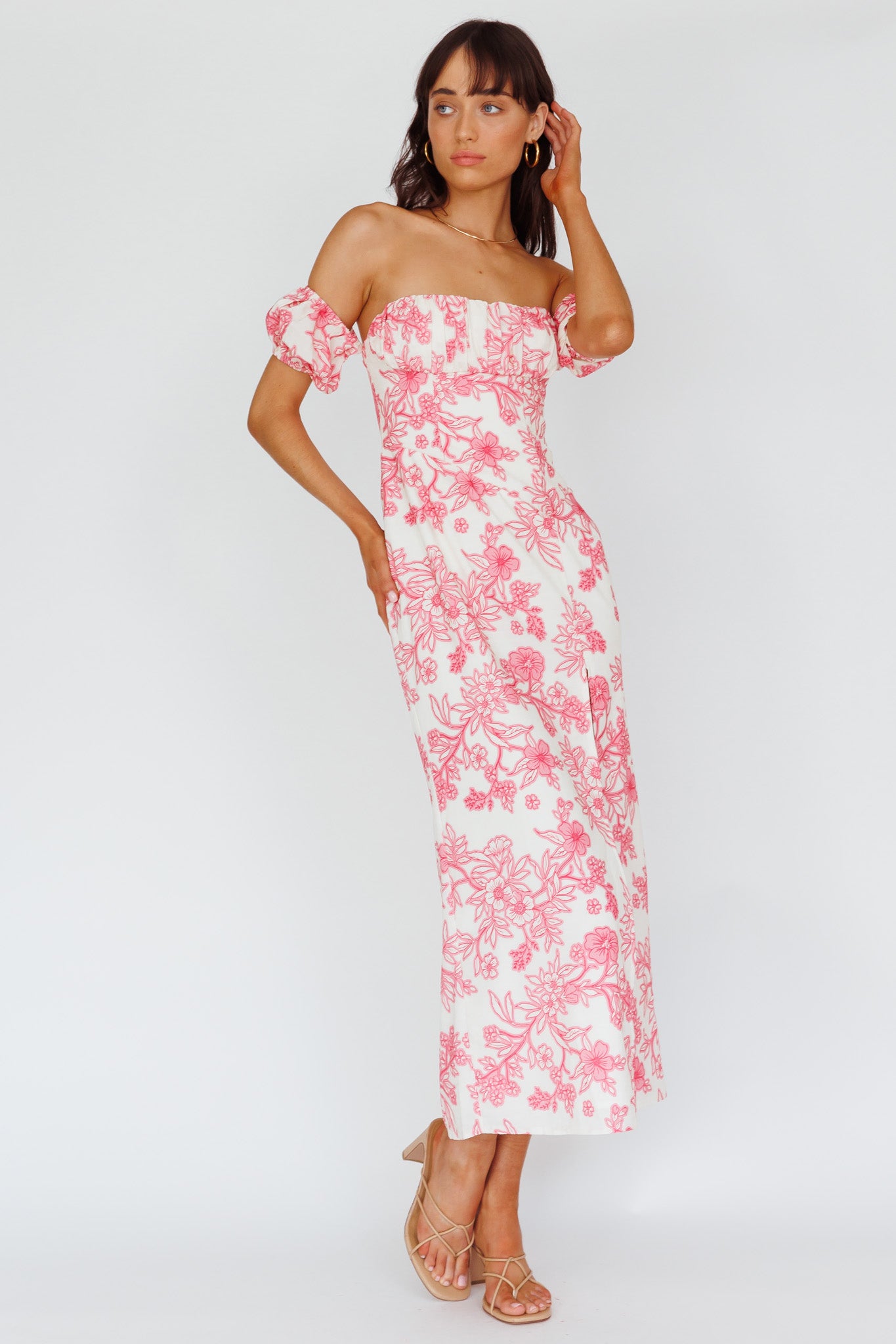 Olivier Off-Shoulder Midi Dress Floral Pink-Maymioy