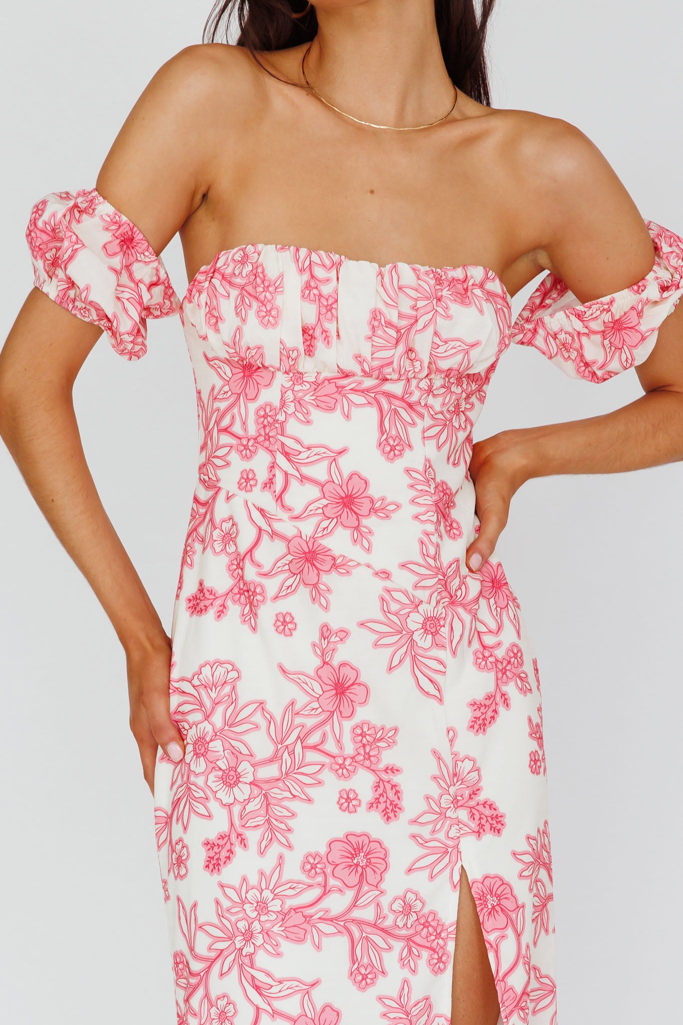 Olivier Off-Shoulder Midi Dress Floral Pink-Maymioy