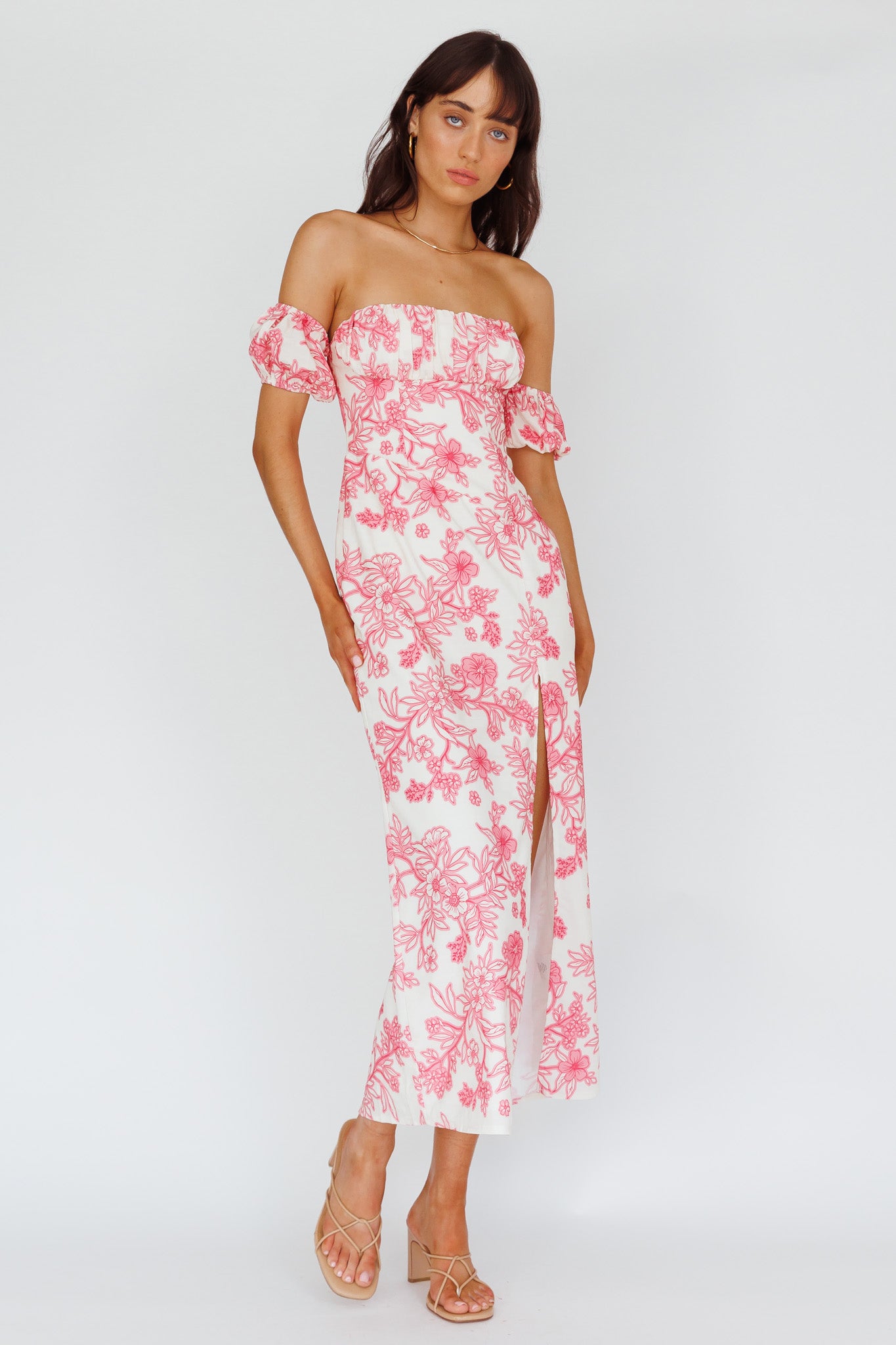 Olivier Off-Shoulder Midi Dress Floral Pink-Maymioy
