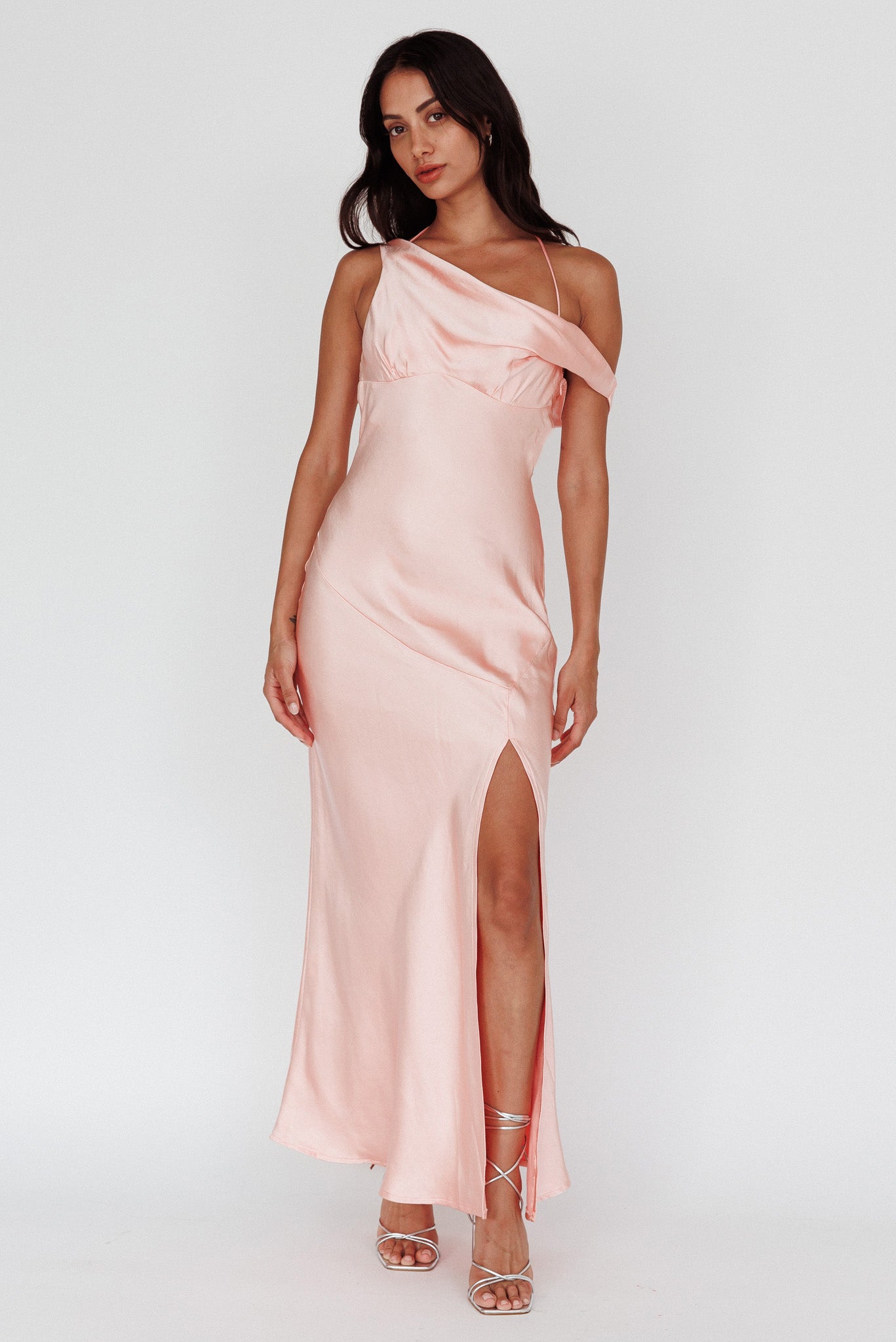Etienne Off-Shoulder Halter Midi Dress Shimmer Pink-Maymioy