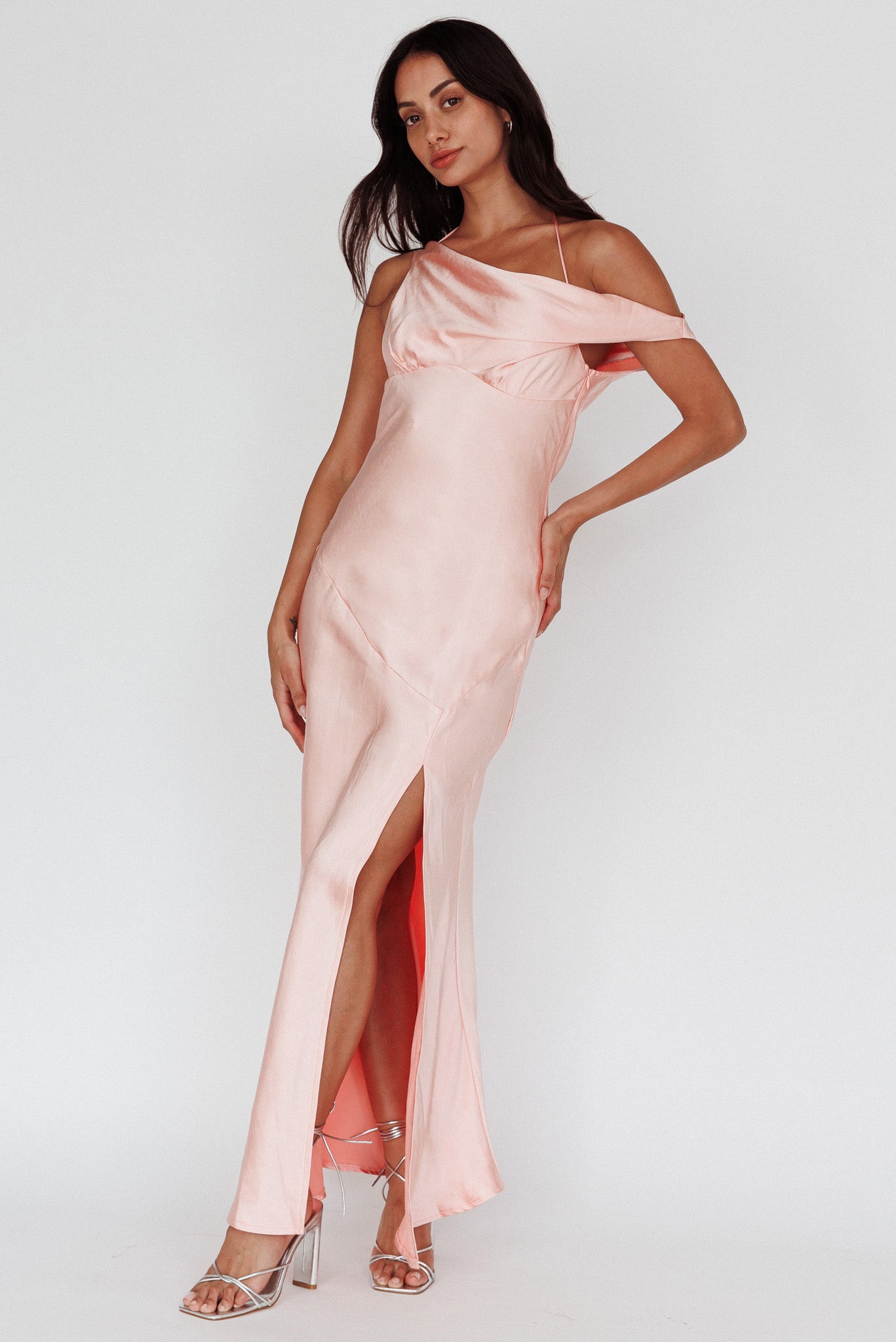 Etienne Off-Shoulder Halter Midi Dress Shimmer Pink-Maymioy