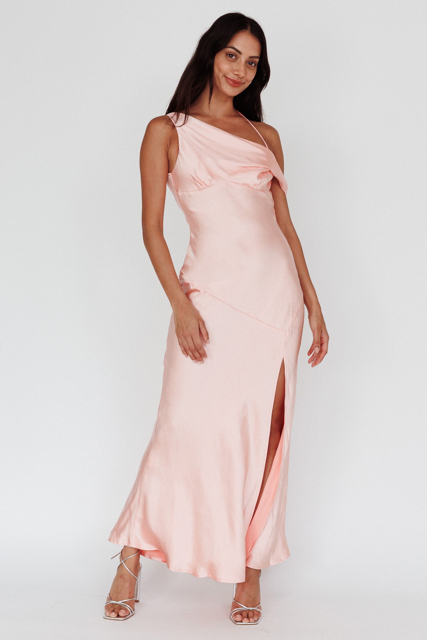 Etienne Off-Shoulder Halter Midi Dress Shimmer Pink-Maymioy