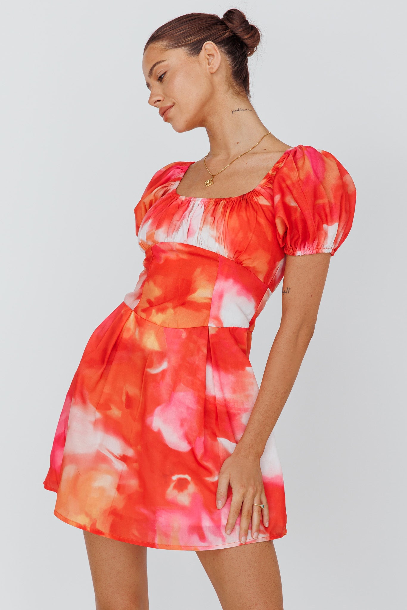 Shayna Puff Sleeve Mini Dress Print Red-Maymioy