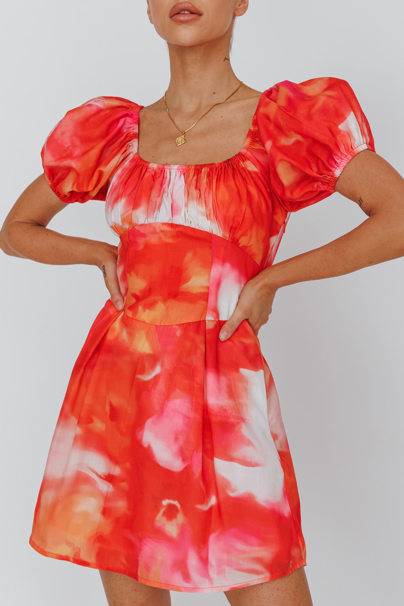 Shayna Puff Sleeve Mini Dress Print Red-Maymioy