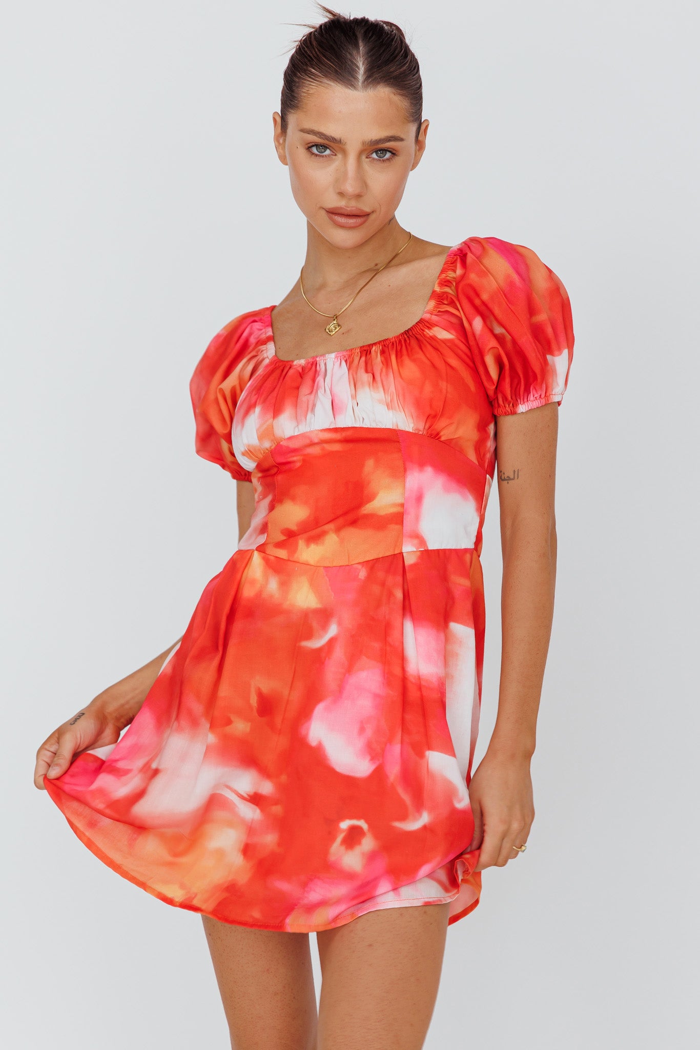 Shayna Puff Sleeve Mini Dress Print Red-Maymioy