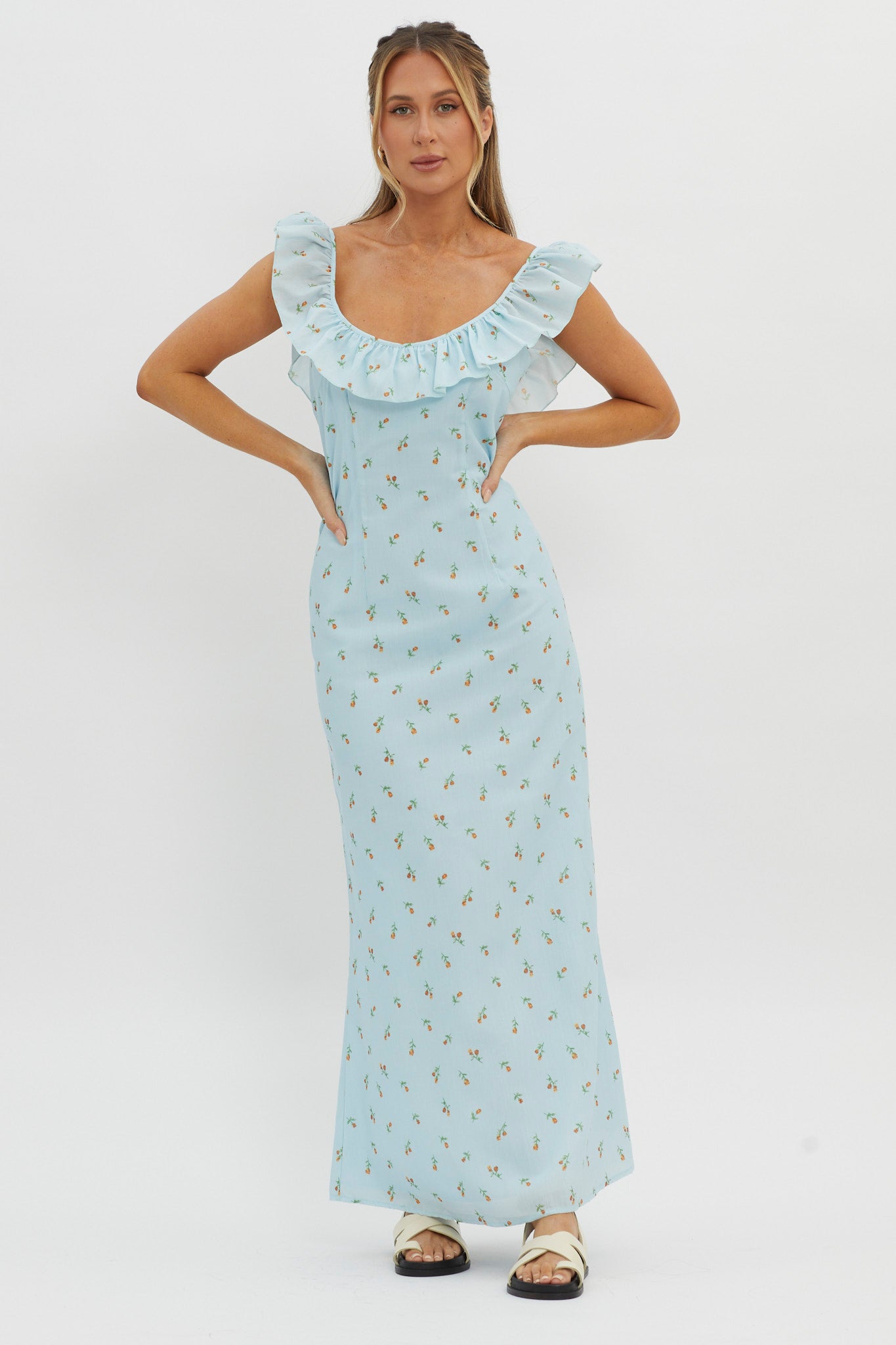 Merci Beaucoup Frill Neckline Maxi Dress Blue-Maymioy