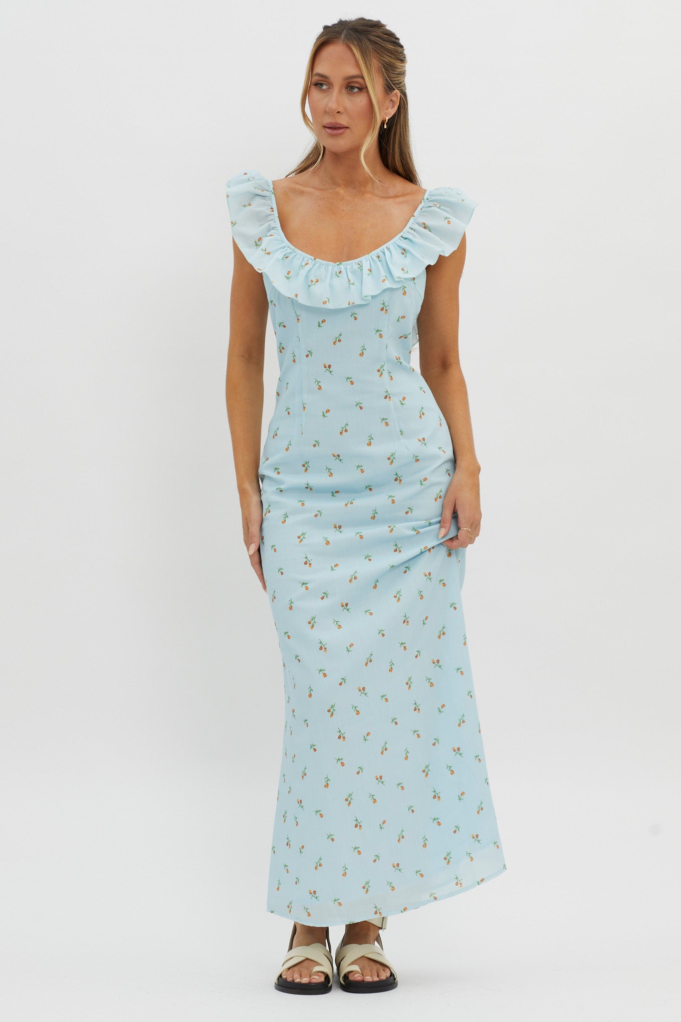 Merci Beaucoup Frill Neckline Maxi Dress Blue-Maymioy