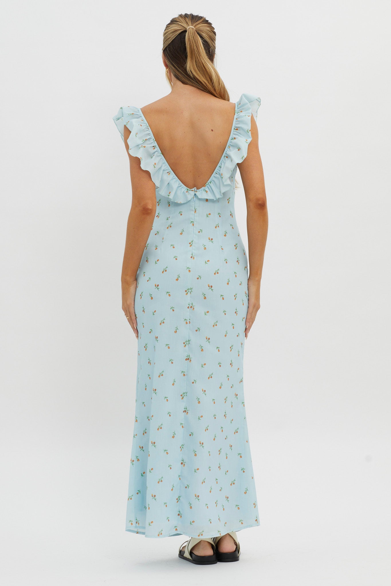 Merci Beaucoup Frill Neckline Maxi Dress Blue-Maymioy