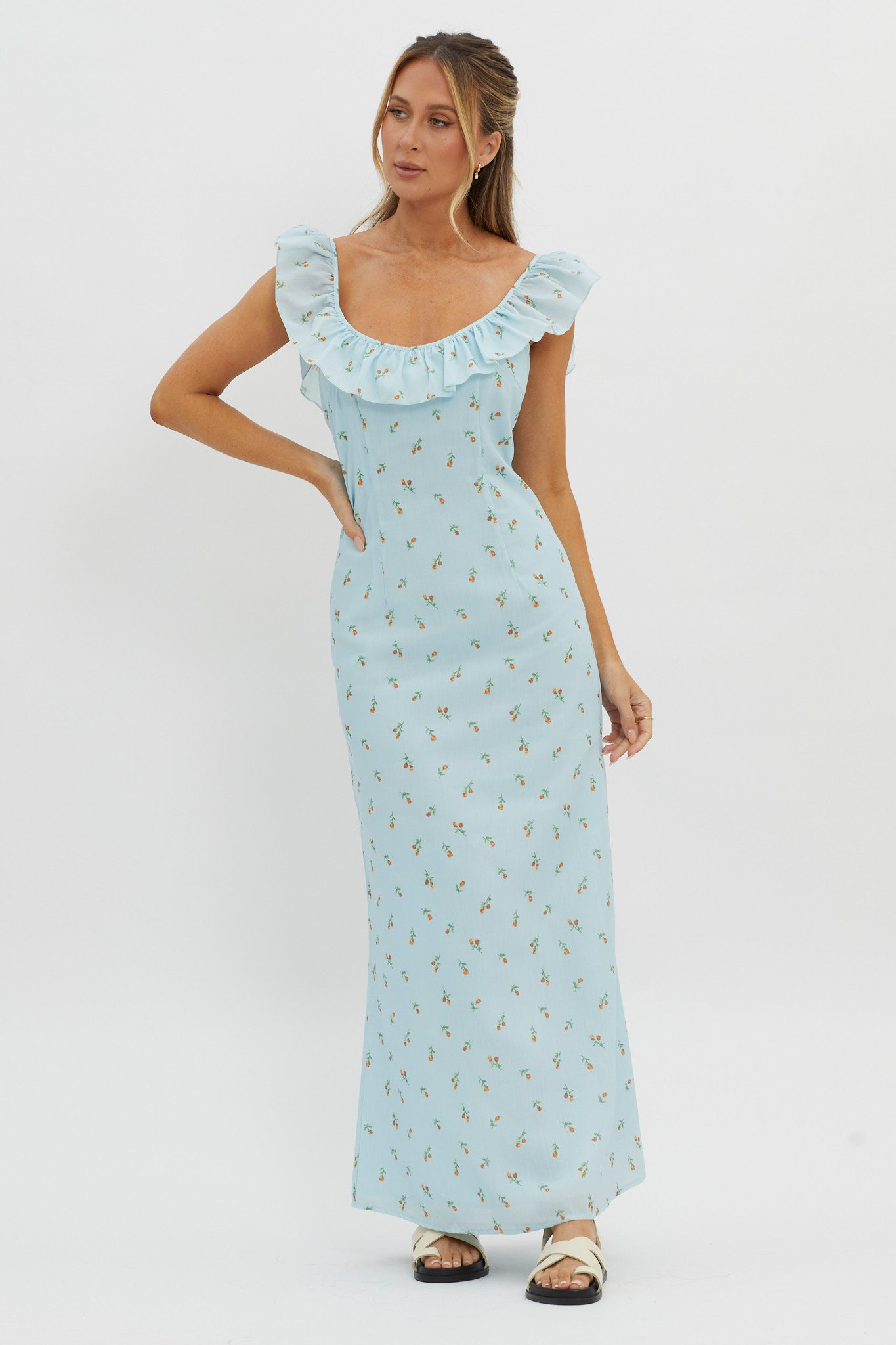 Merci Beaucoup Frill Neckline Maxi Dress Blue-Maymioy